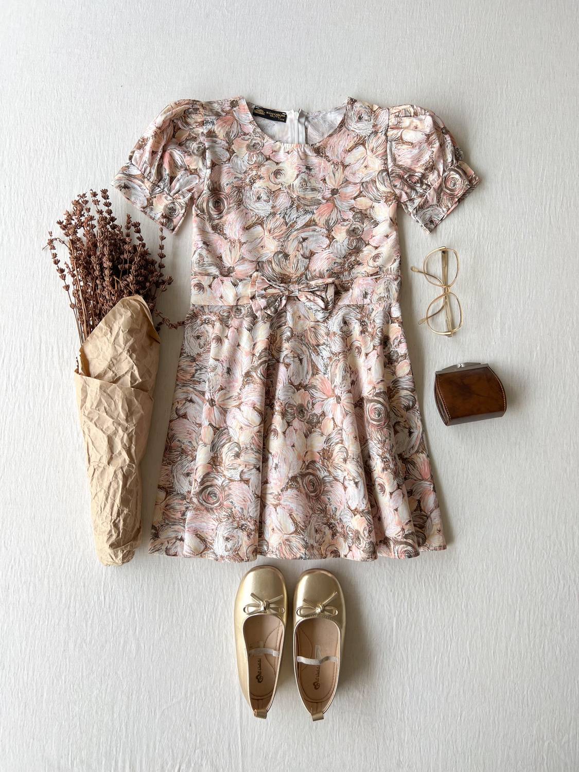 Brown Pastel Floral Patterned Girl's Dress