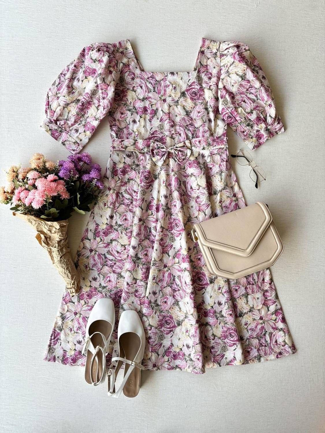 Pink Pastel Floral Square Neck Watermelon Sleeve Flared Dress