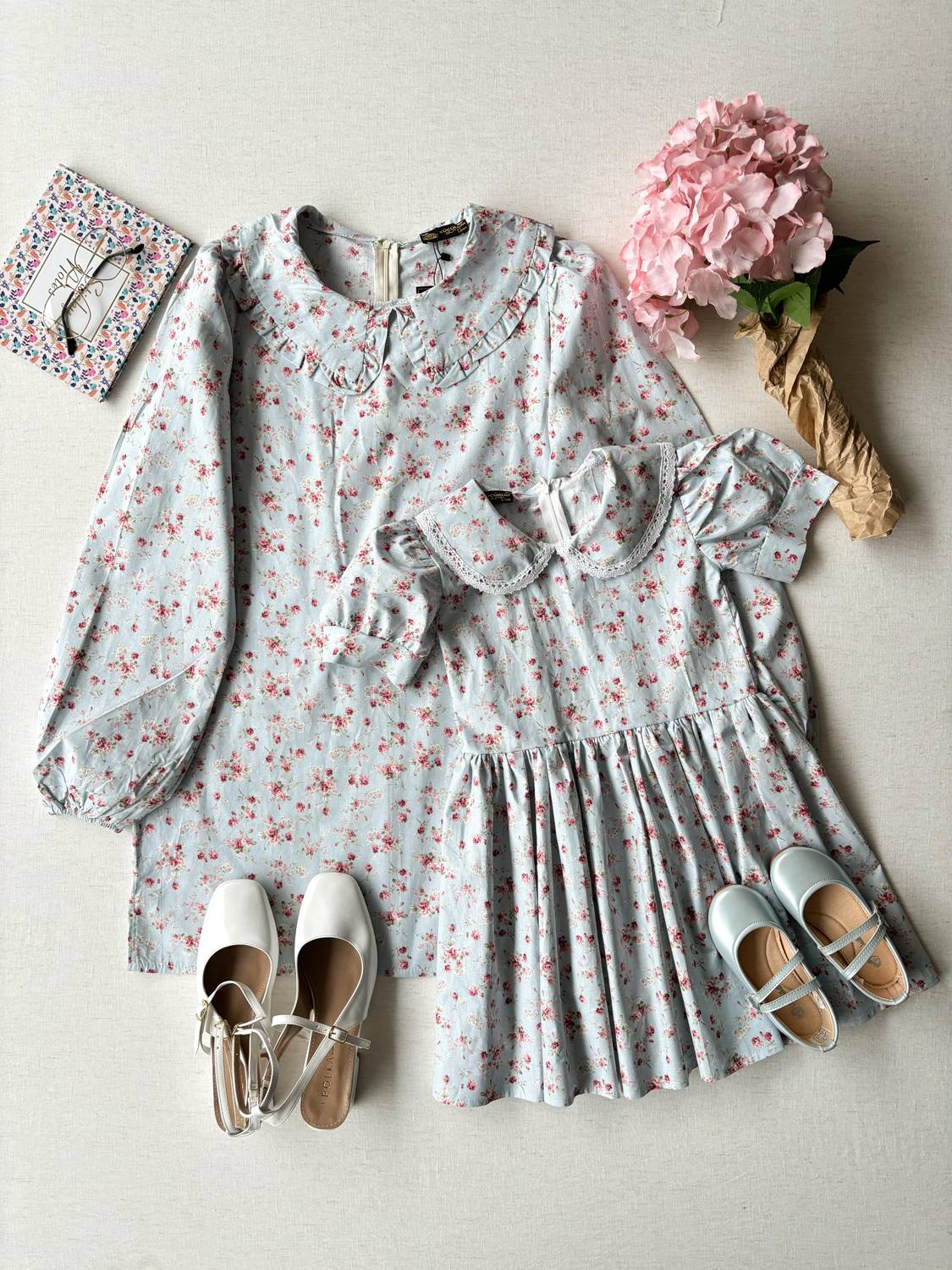 Blue-Claret Red Floral Baby Collar Tunic and Girl's Dress Combination