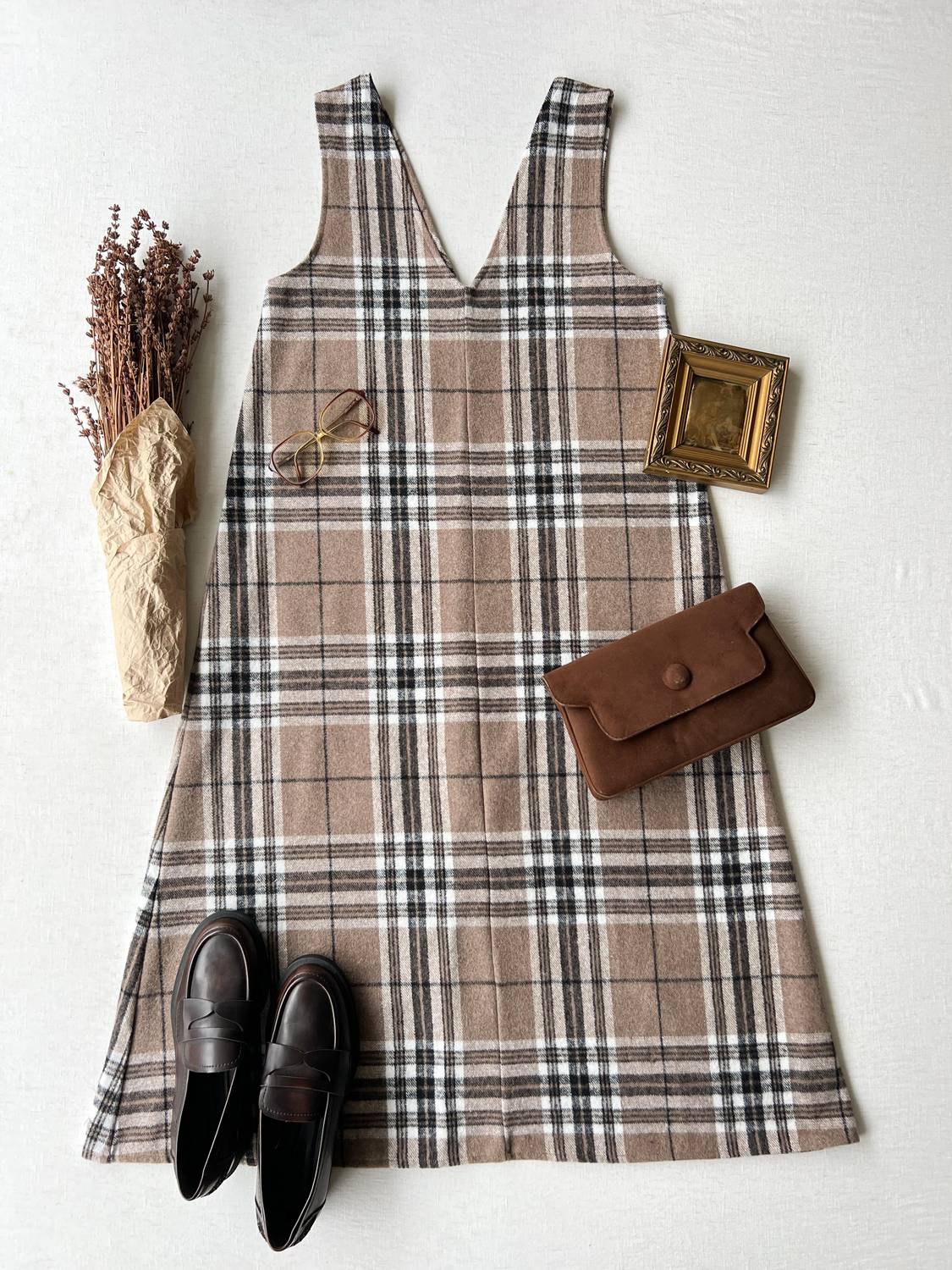 Tan Patterned Plaid V-Neck Long Gilet Dress