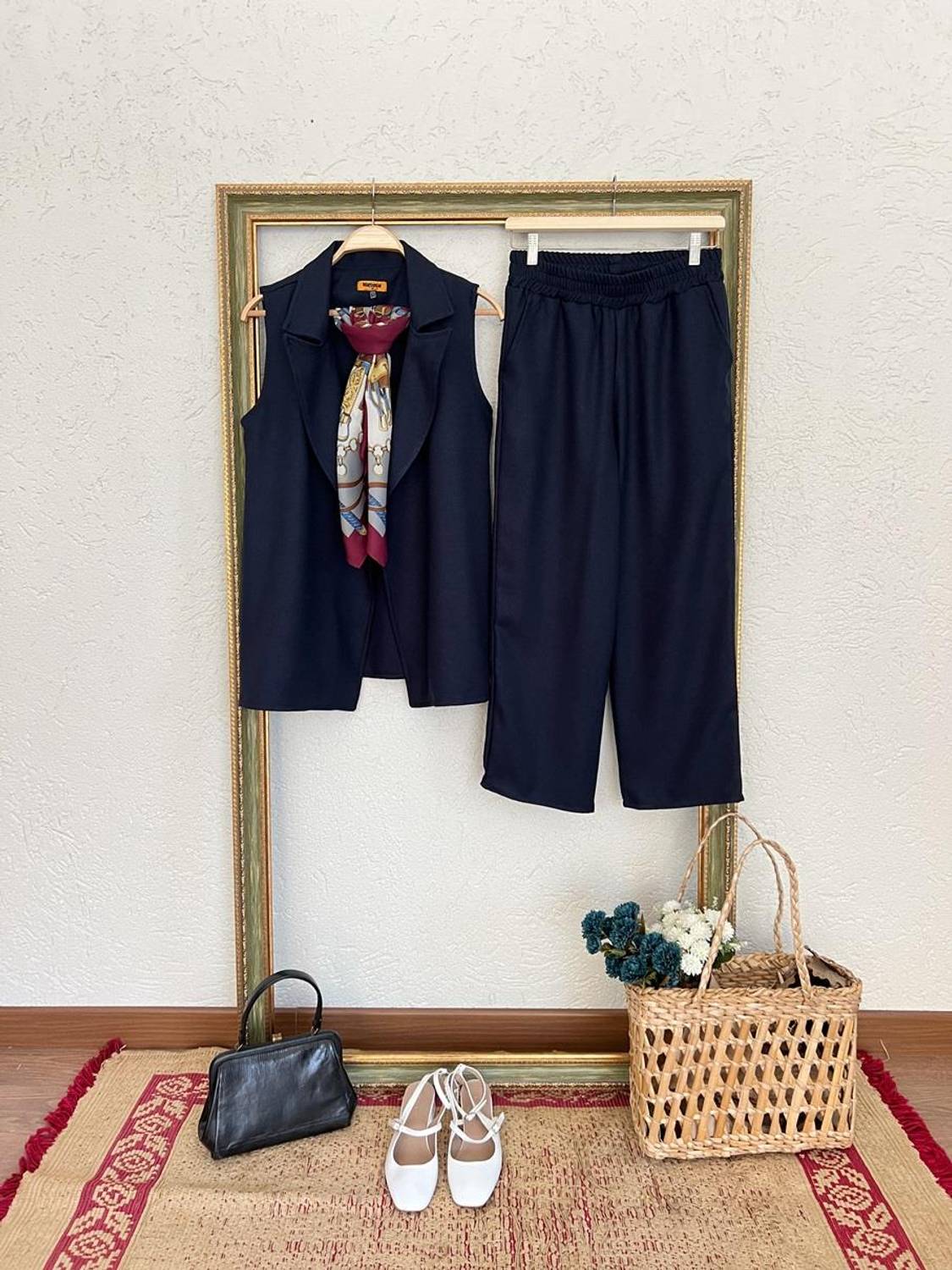 Топ и брюки из шерстяной ткани темно-синего цвета, размер 36-46 для стильного образа