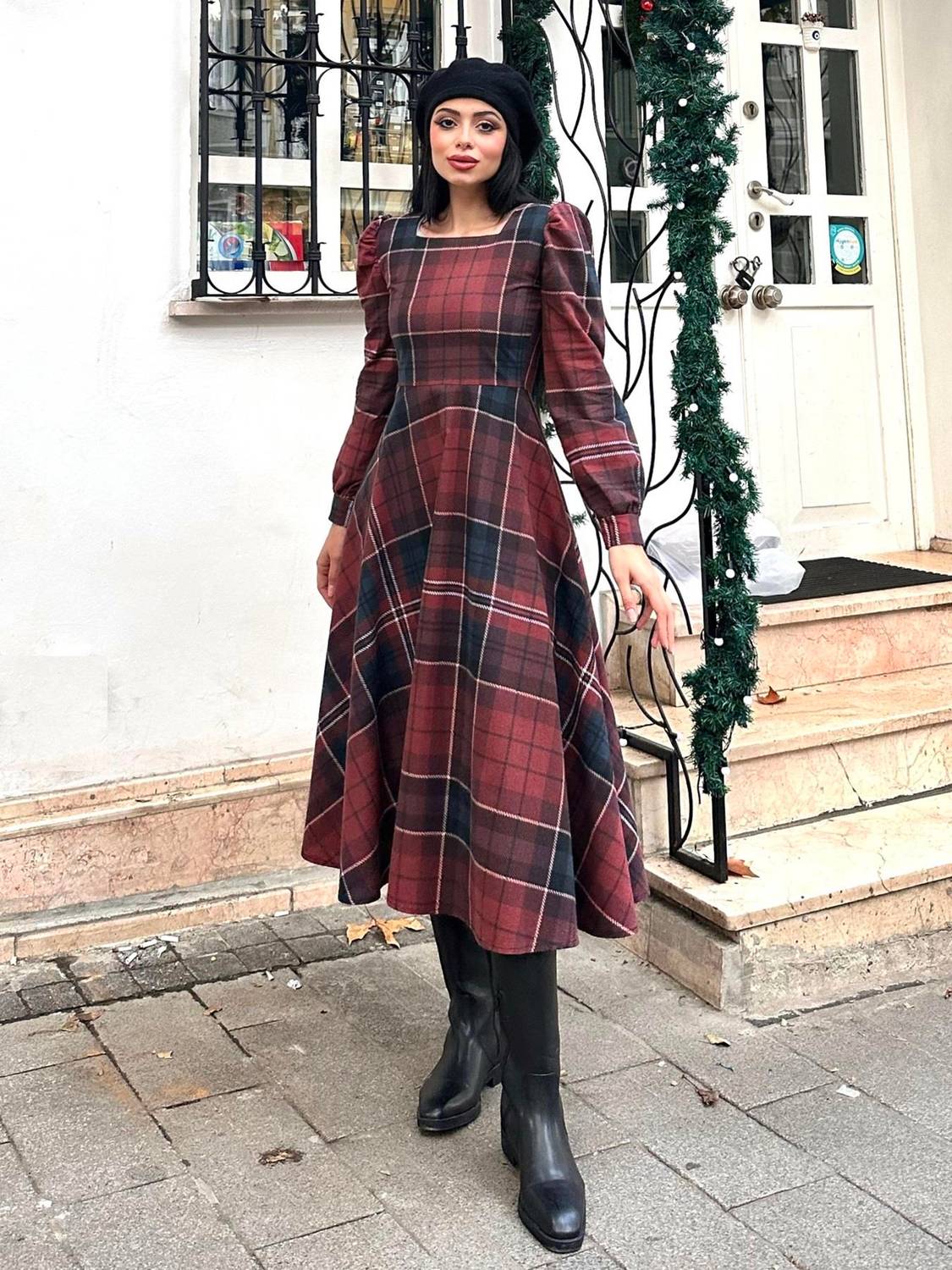 Vintage Kahve Kloş Kare Yaka Elbise