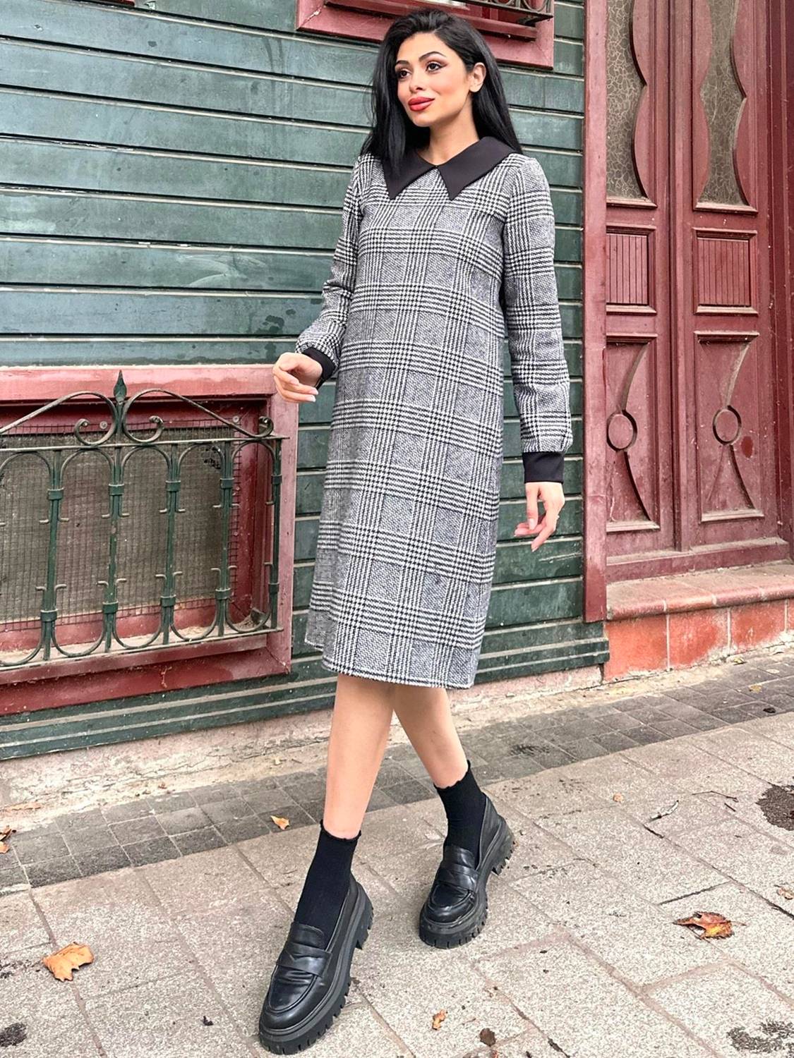 black patterned a-line cotton plaid dress