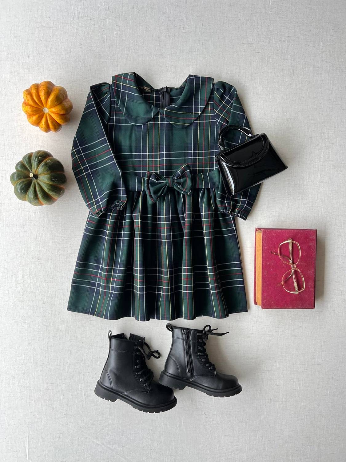 Платье для девочки с зеленым клетчатым принтом и воротником, 100% хлопок, в комплекте с повязкой для головы, размеры от 1 до 9 лет