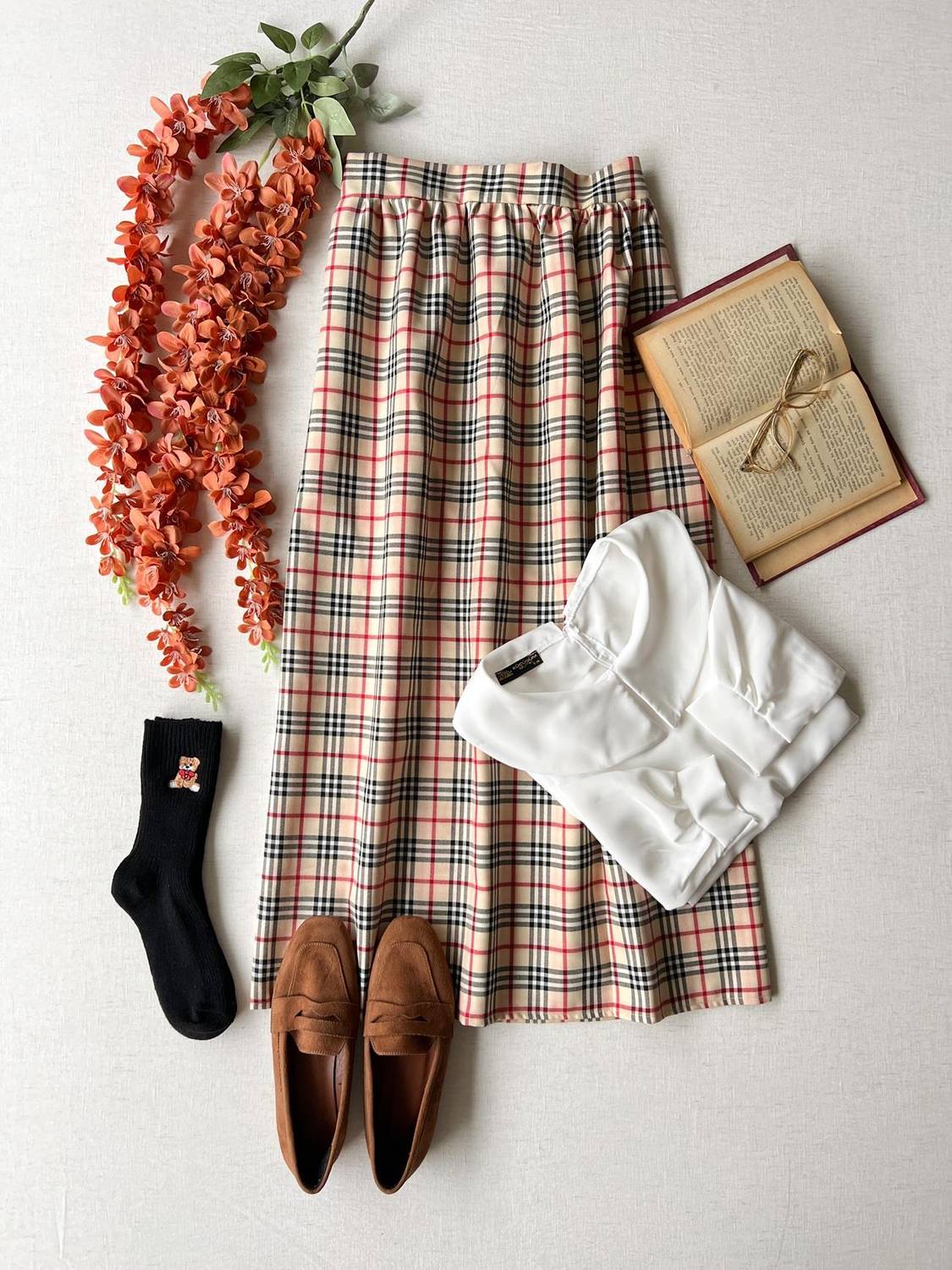 Brown Plaid Gathered Long Skirt at Waist
