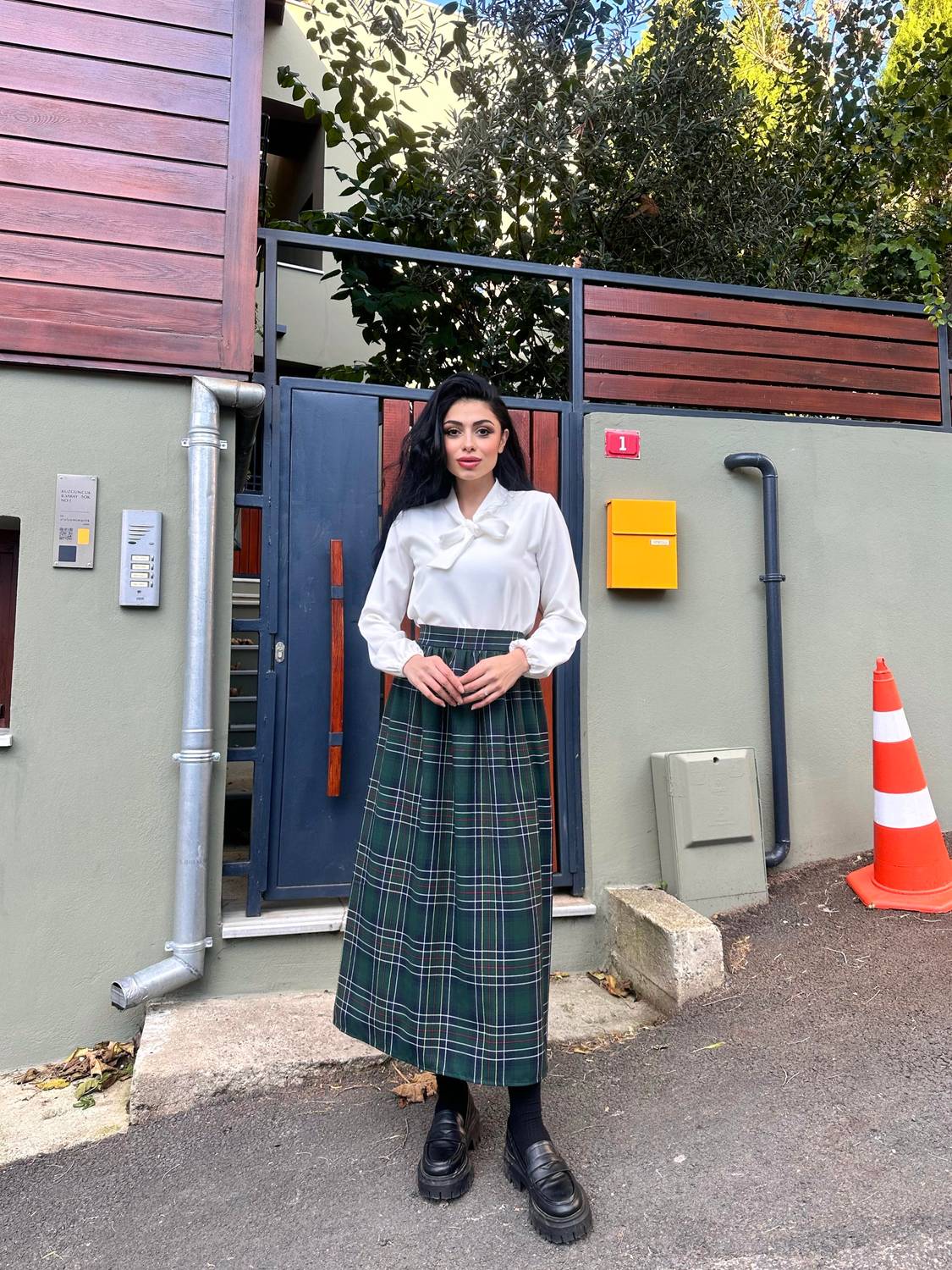 Yeşil Ekose Belden Büzgülü Uzun Etek