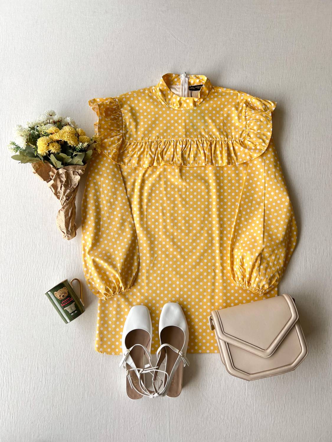 Yellow Polka Dot Long Poplin Tunic with Ruffles Off the Shoulder