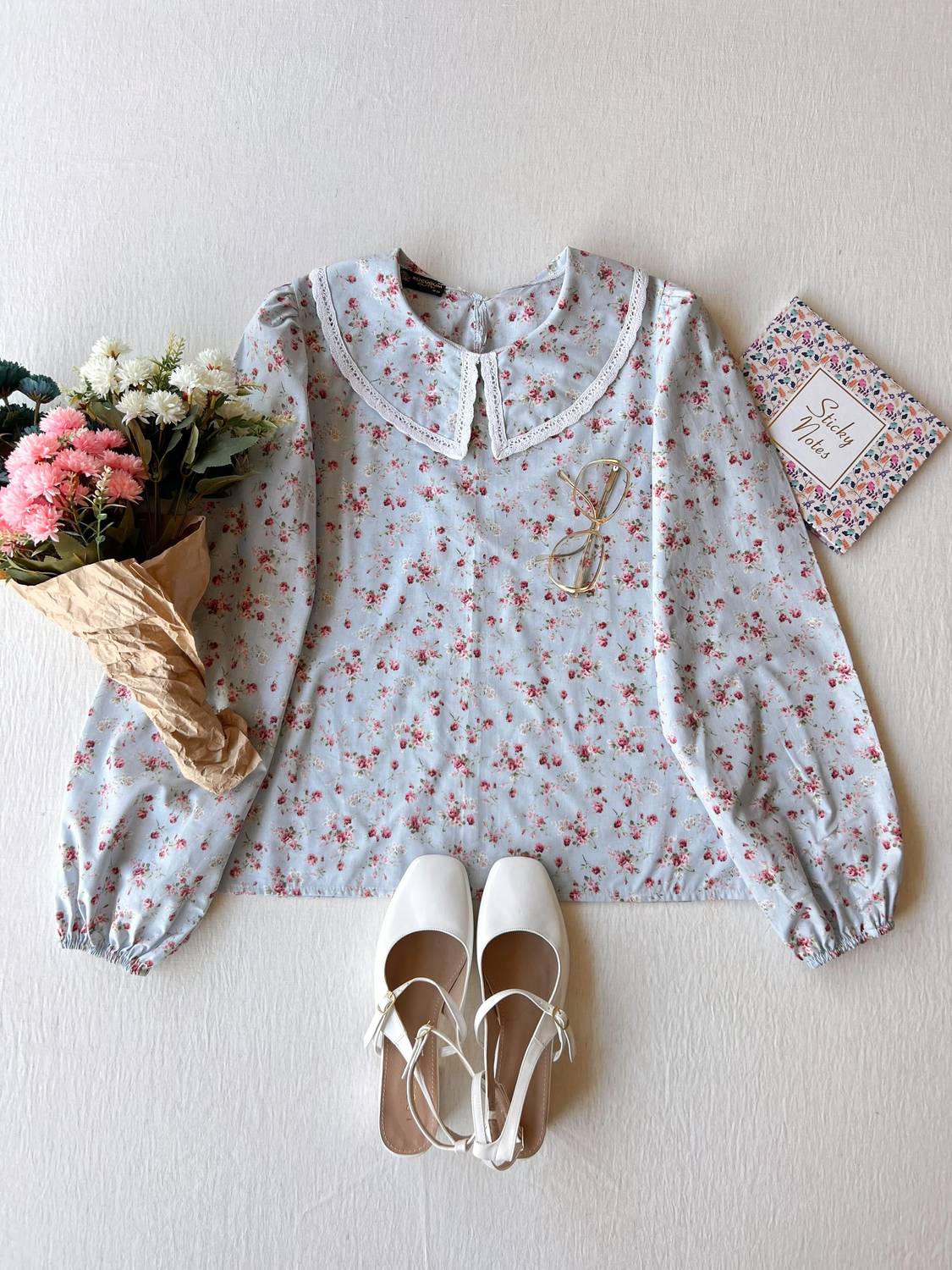 Винтажная блузка с детским воротником и кружевом, голубая-бордовая, поплин, размер S-XXXL