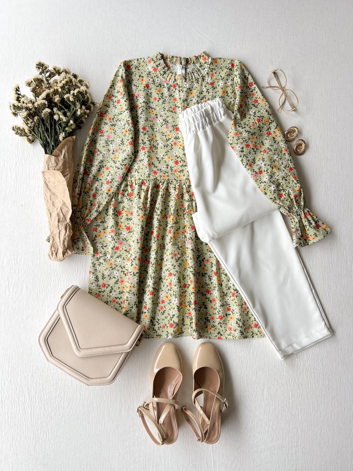 Yeşil Çiçekli Fırfır Yakalı Poplin Tunik