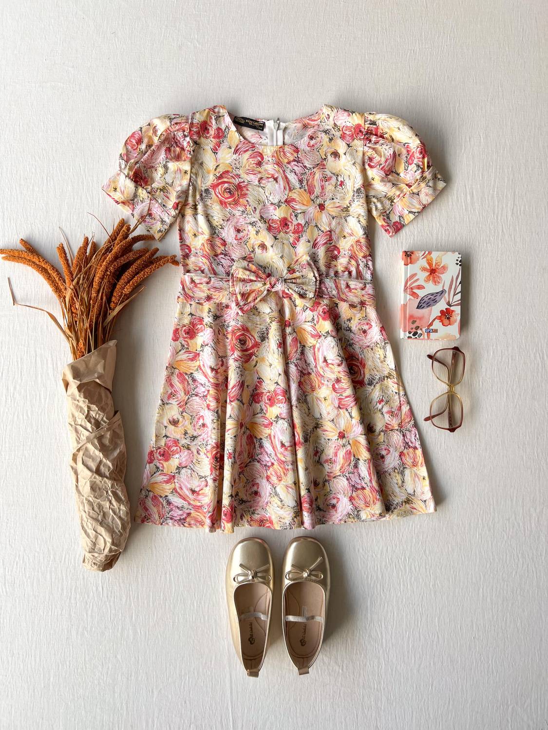 Orange Pastel Flower Patterned Girl's Dress