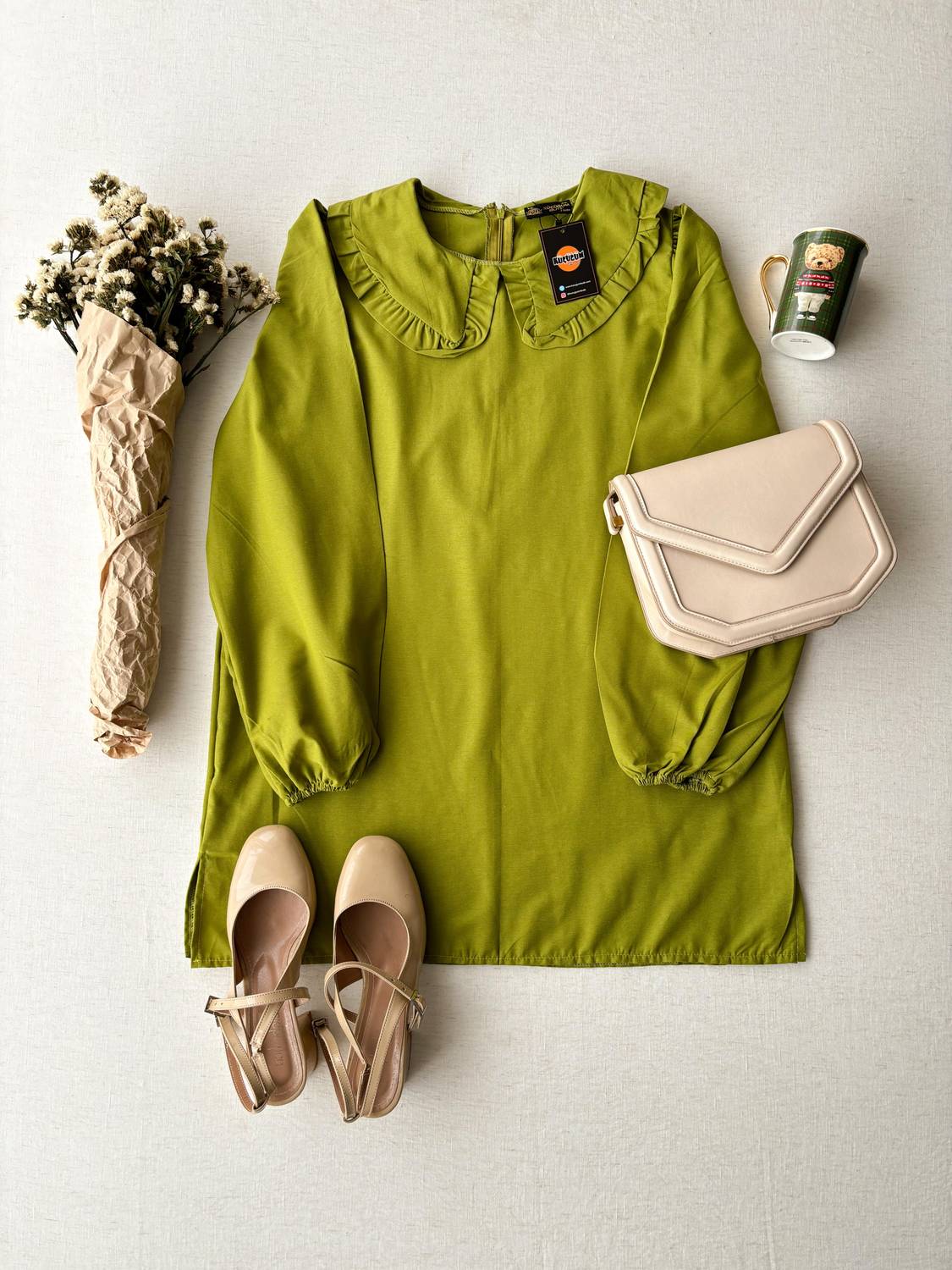 Oil Green Baby Collar Long Poplin Tunic