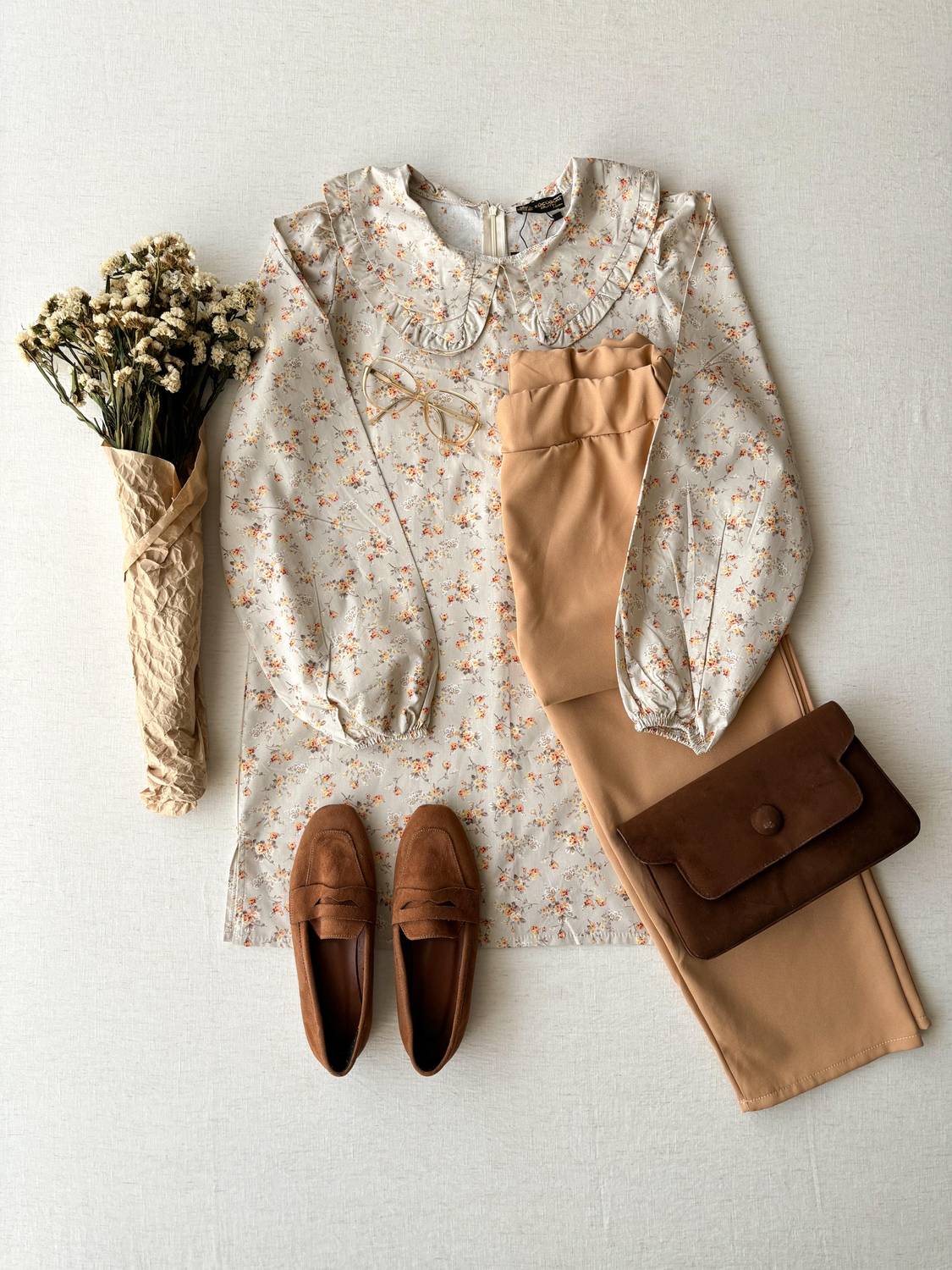 Cream Small Floral Baby Collar Long Poplin Tunic