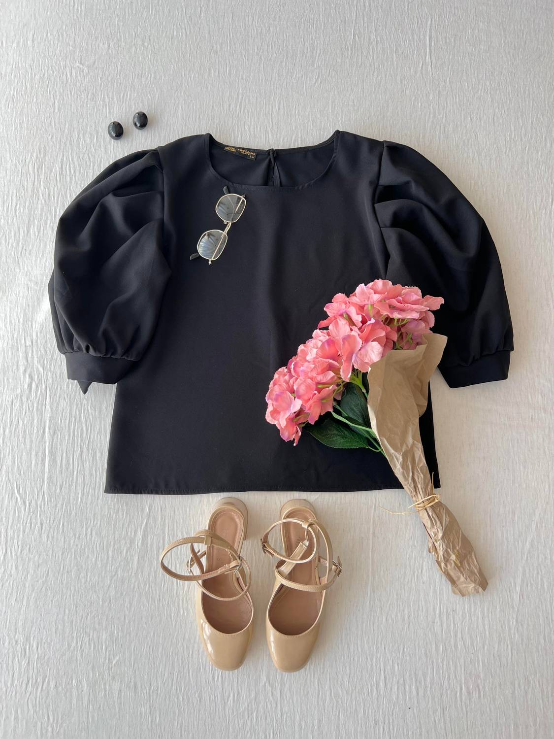 Black Balloon Sleeve Crepe Blouse
