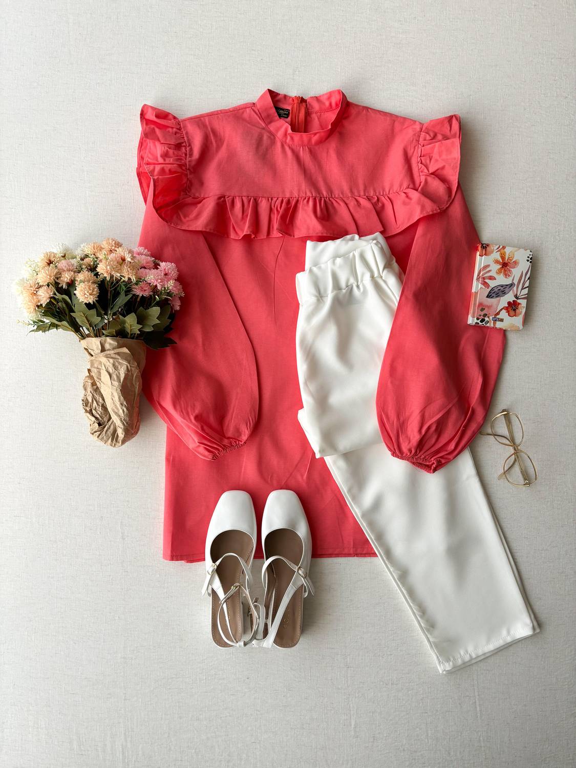 Pomegranate Flower Shoulder Ruffle Long Poplin Tunic