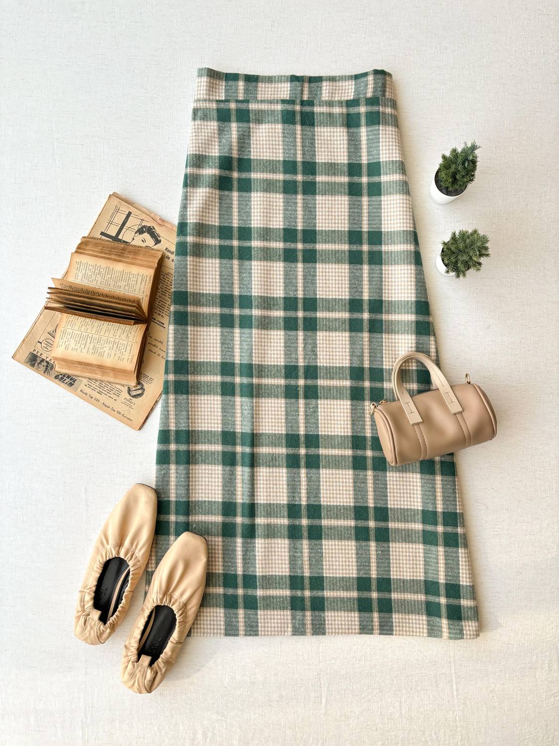 Uzun Yeşil Pamuklu Kışlık Ekose Etek