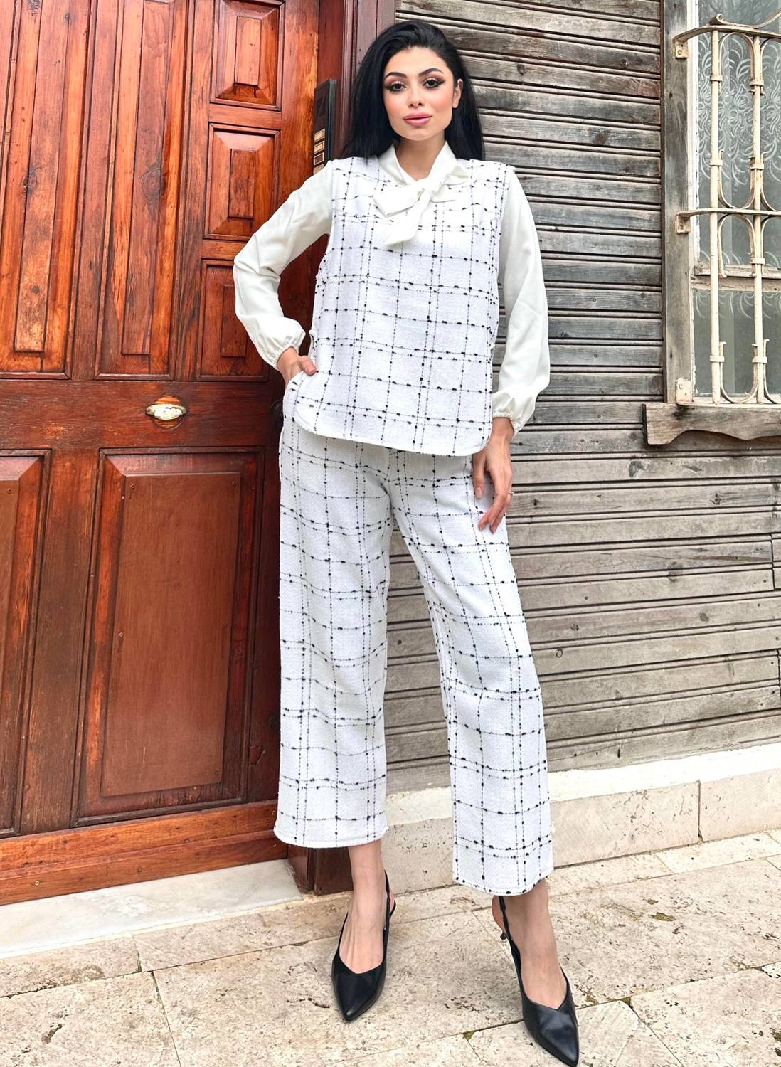 White Tweed Trousers Vest Set (Set of 2)