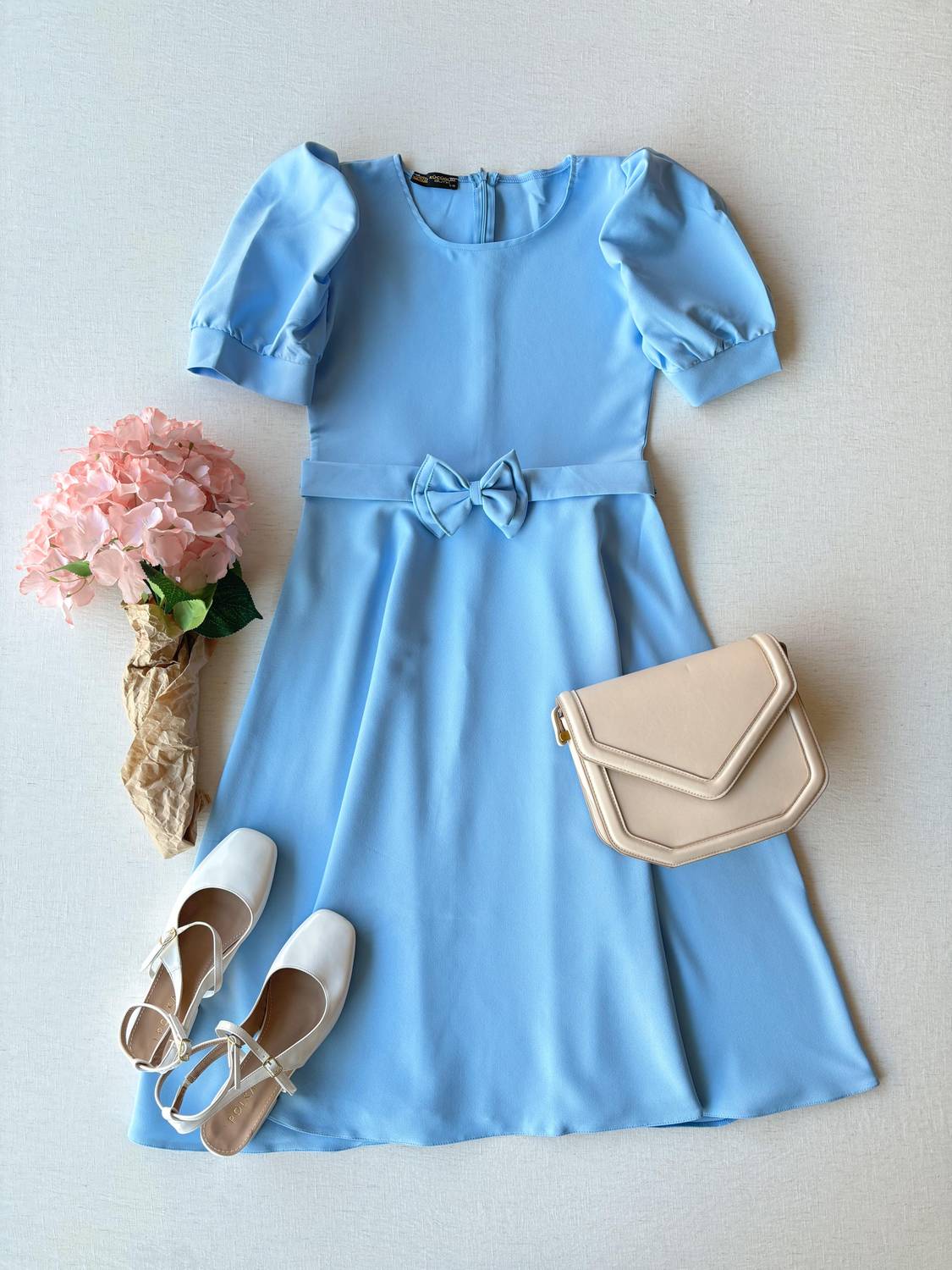 Karpuz Kollu Bebe Mavisi Krep Midi Boy Kloş Elbise