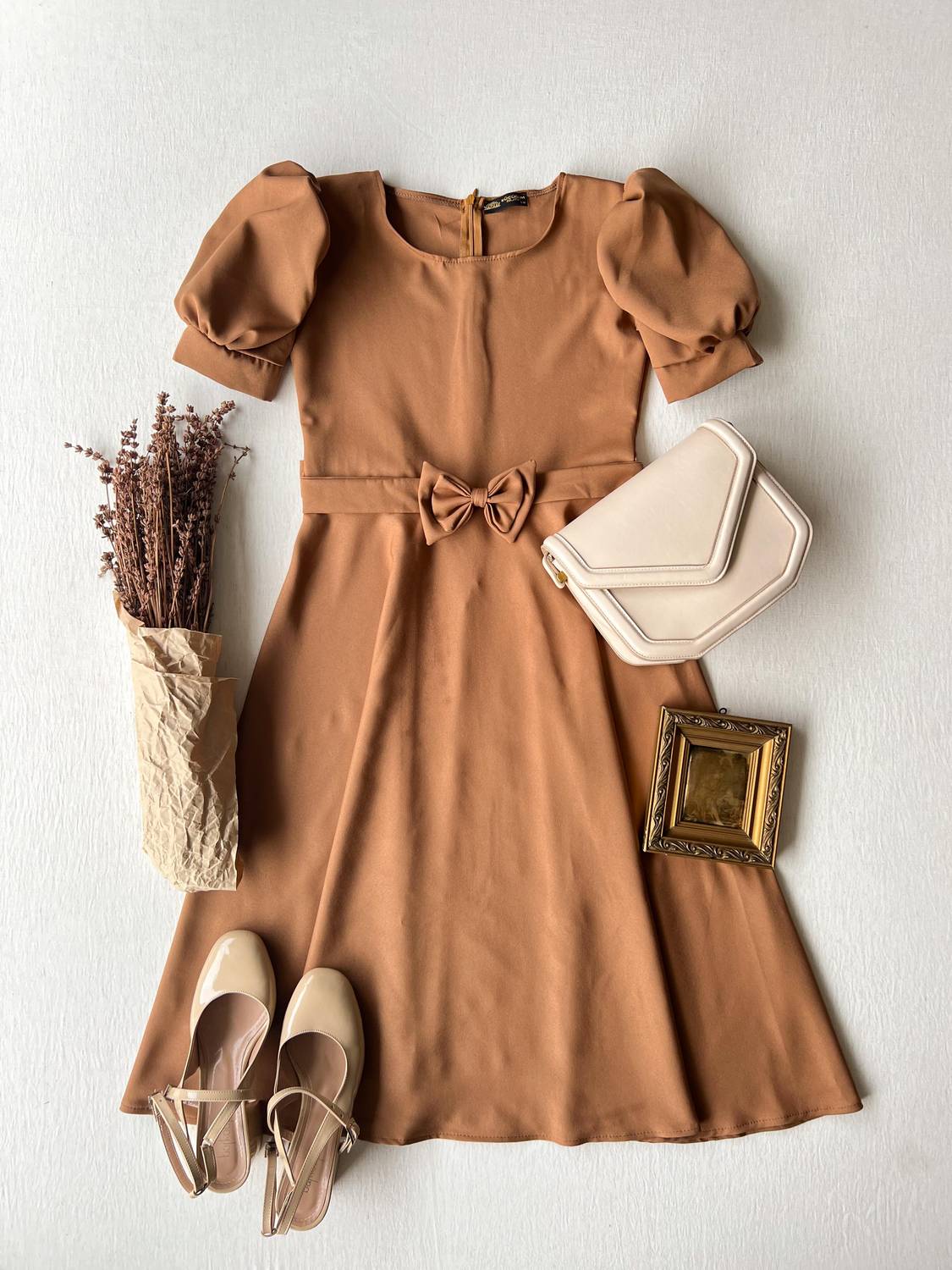 Karpuz Kollu Camel Krep Midi Boy Kloş Elbise