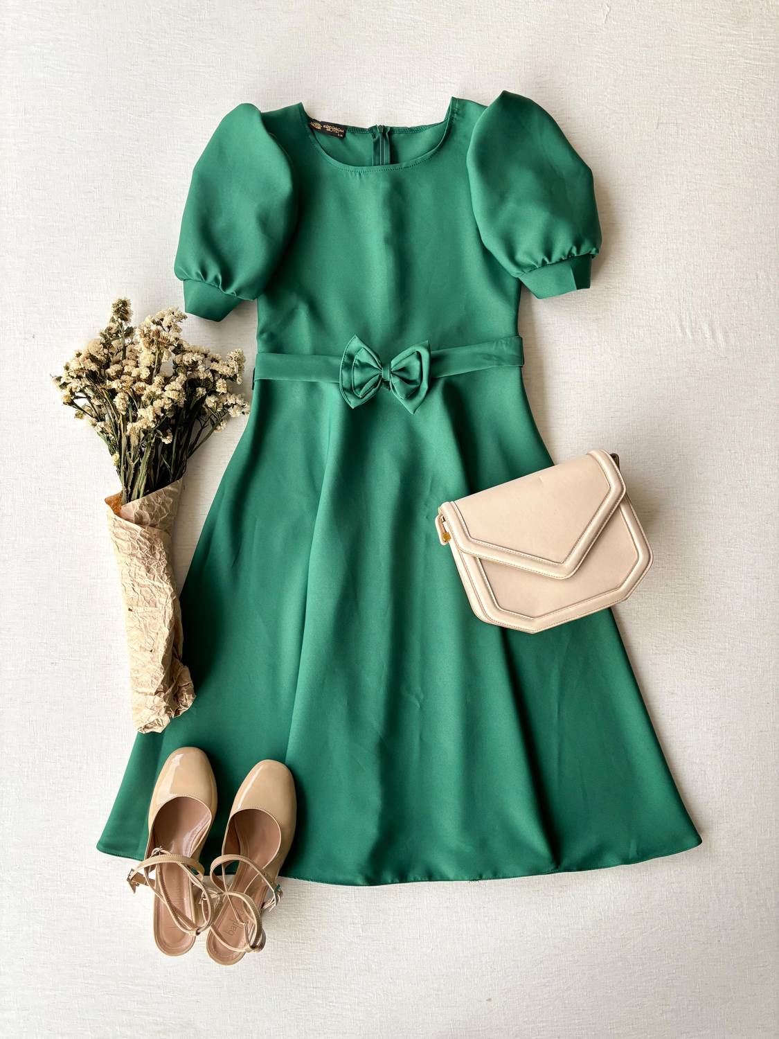 Green Crepe Midi Length Flared Dress with Watermelon Sleeves