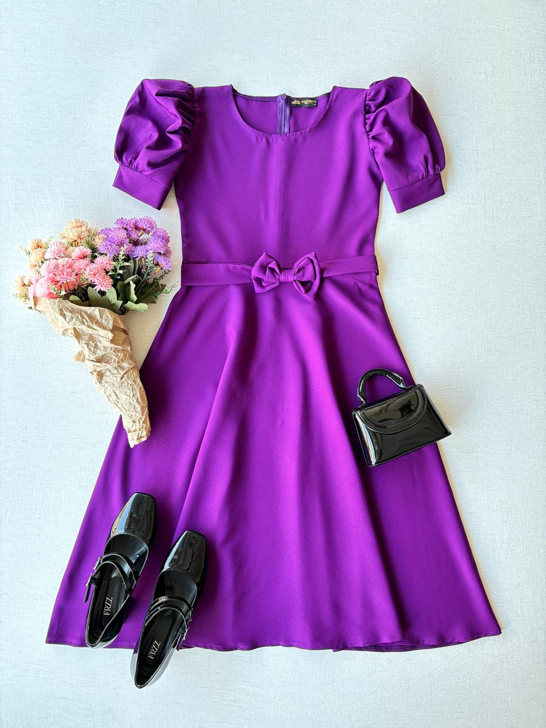 Платье клеш миди с рукавами-капля фиолетового цвета из двойного крепа, состав: хлопок-полиэстер, размеры от S до 3XL