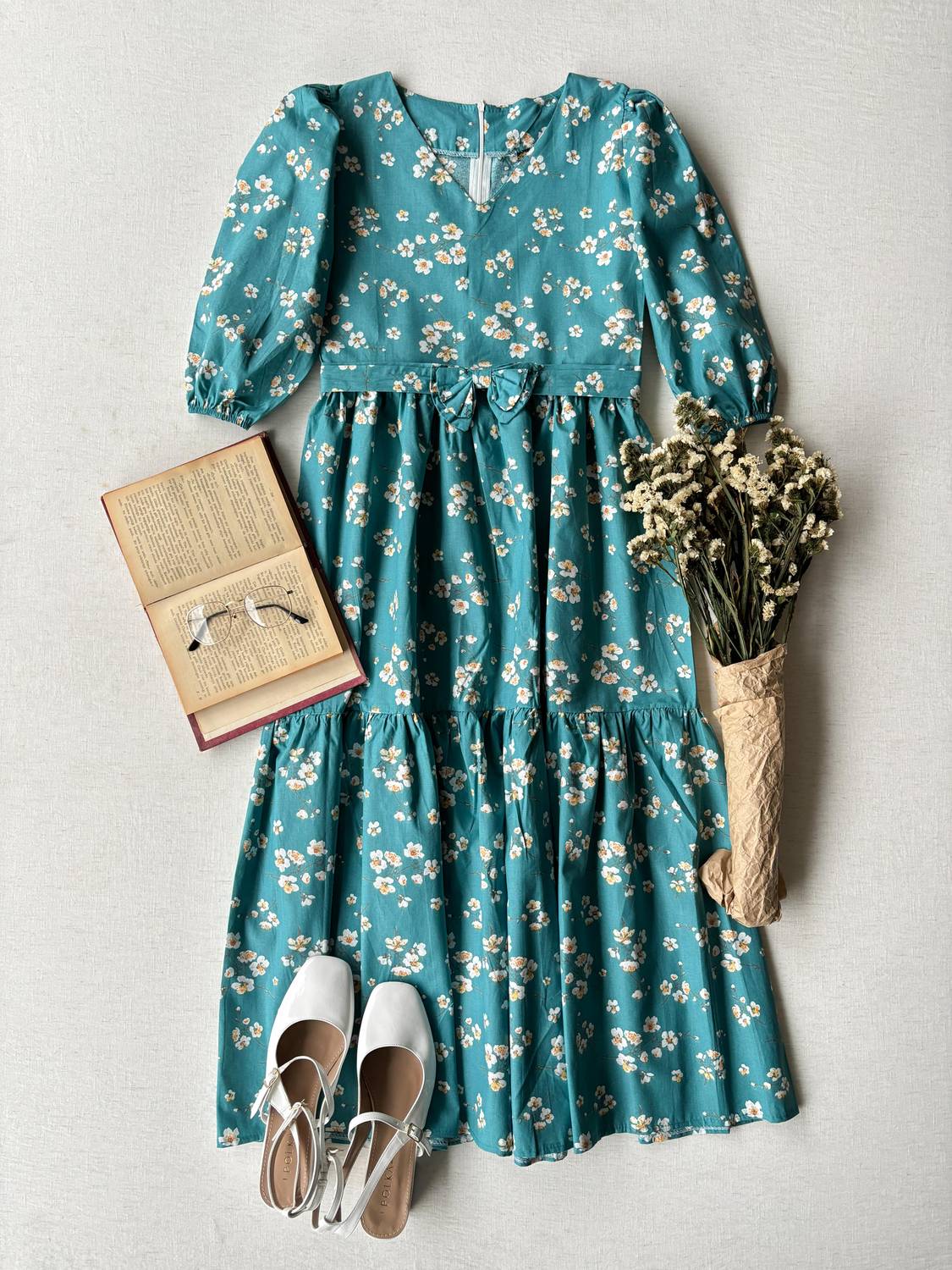 Petrol Blue V-Neck Midi Length Spring Dress