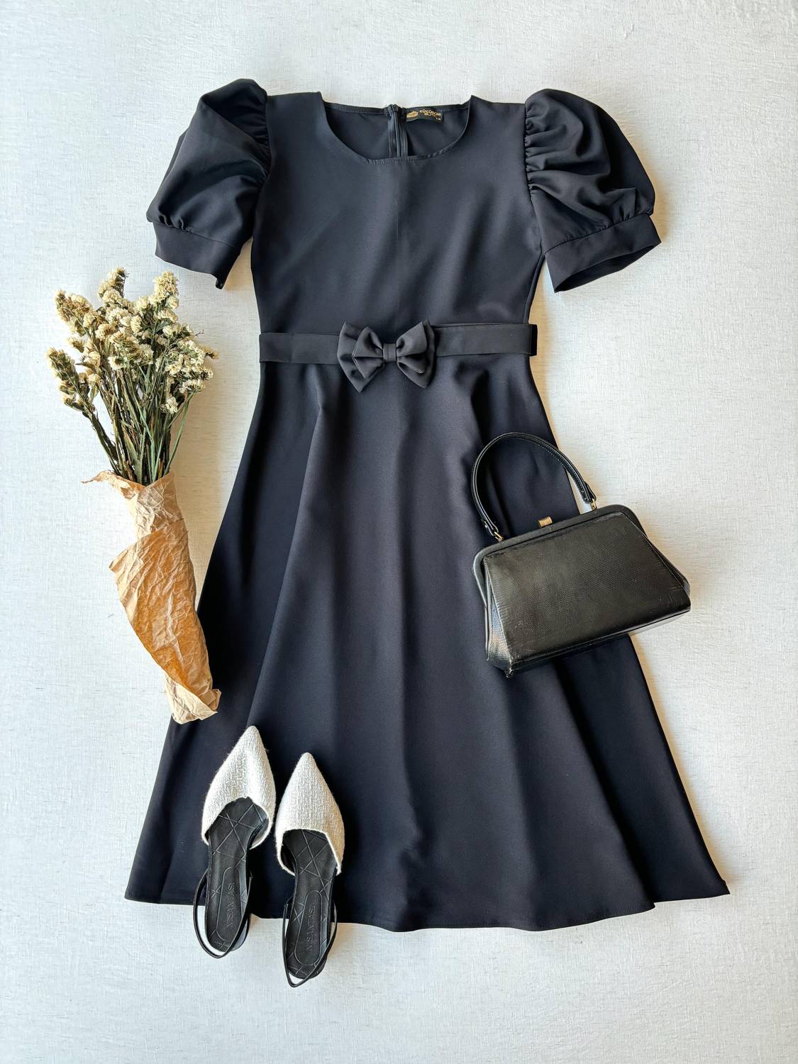 Black Crepe Midi Length Flared Dress with Watermelon Sleeves