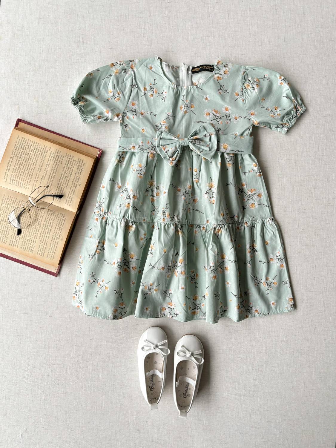 Bahar Dalı Su Yeşili Kat Kat Kız Çocuk Elbise