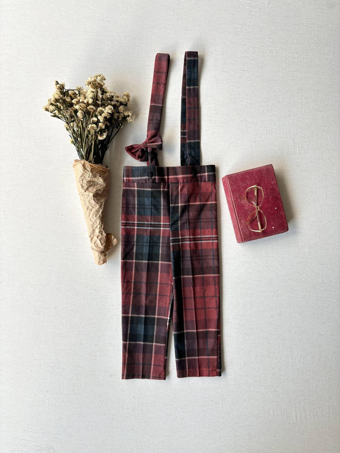 Kahve Ekose Salopet Pantolon ve Papyon