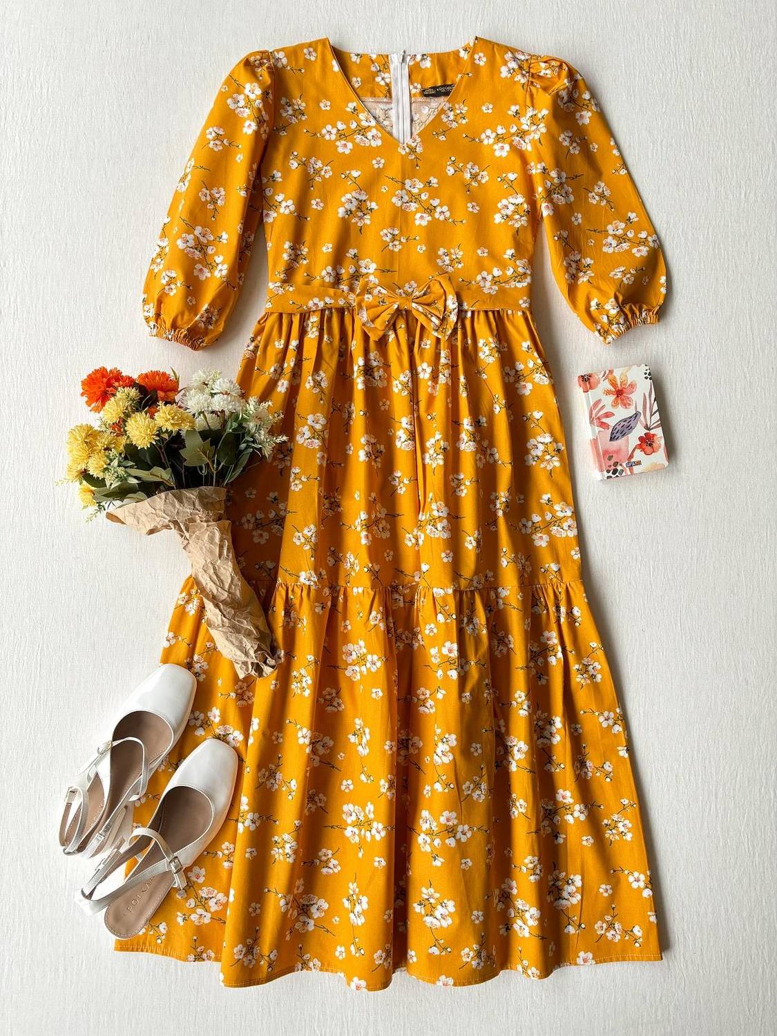 Hardal V Yaka Midi Boy Bahar Dalı Elbise