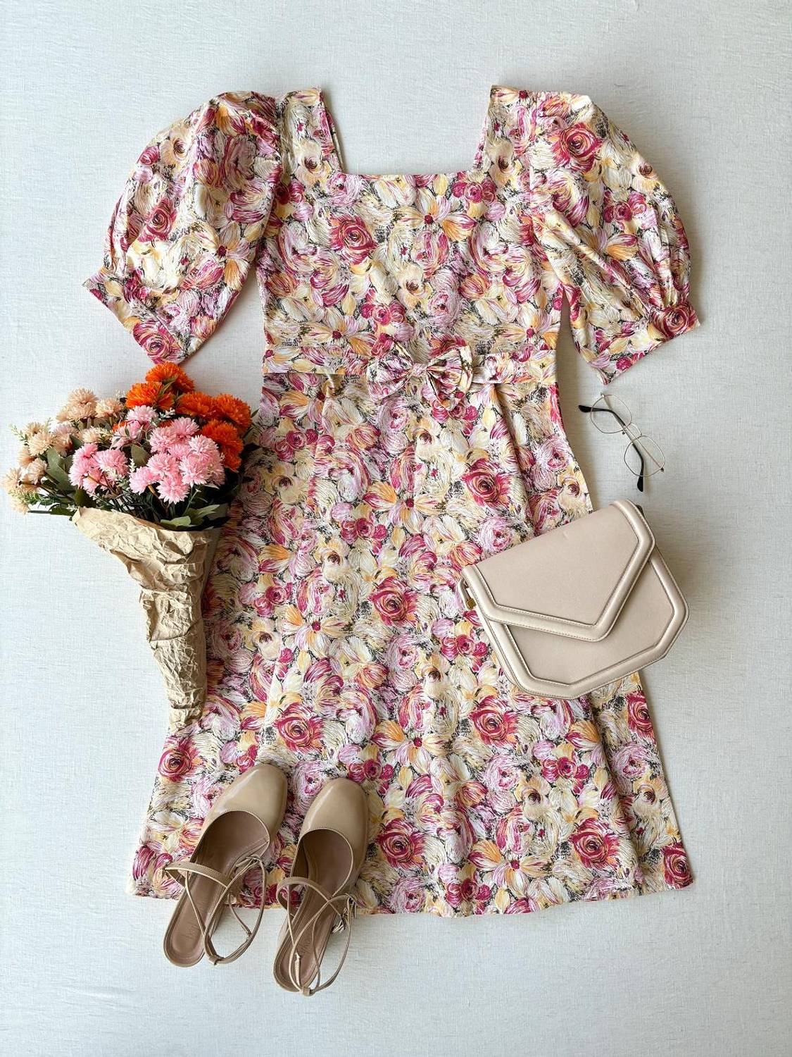 Orange Pastel Floral Square Neck Watermelon Sleeve Flared Dress