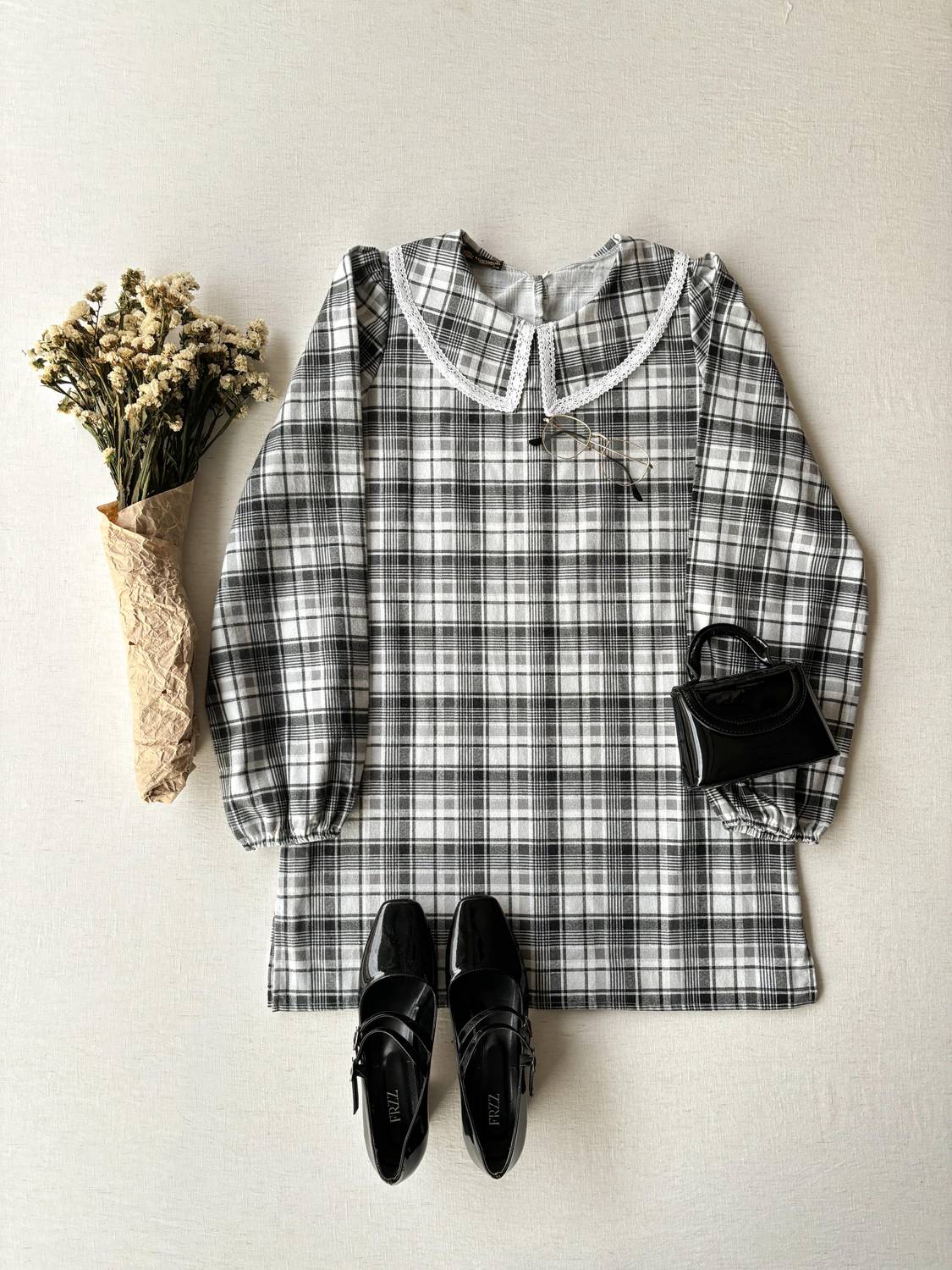 Siyah Ekose Bebe Yaka Uzun Kol Tunik