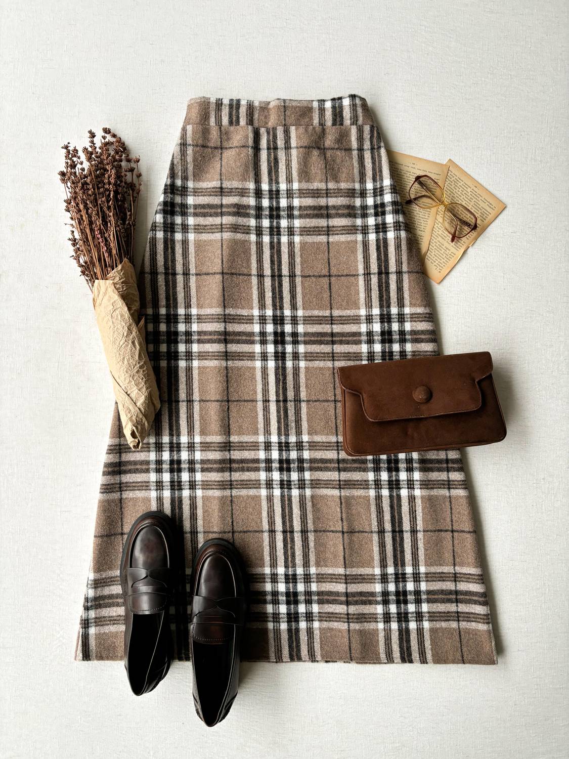 Tan Patterned Plaid Long Skirt
