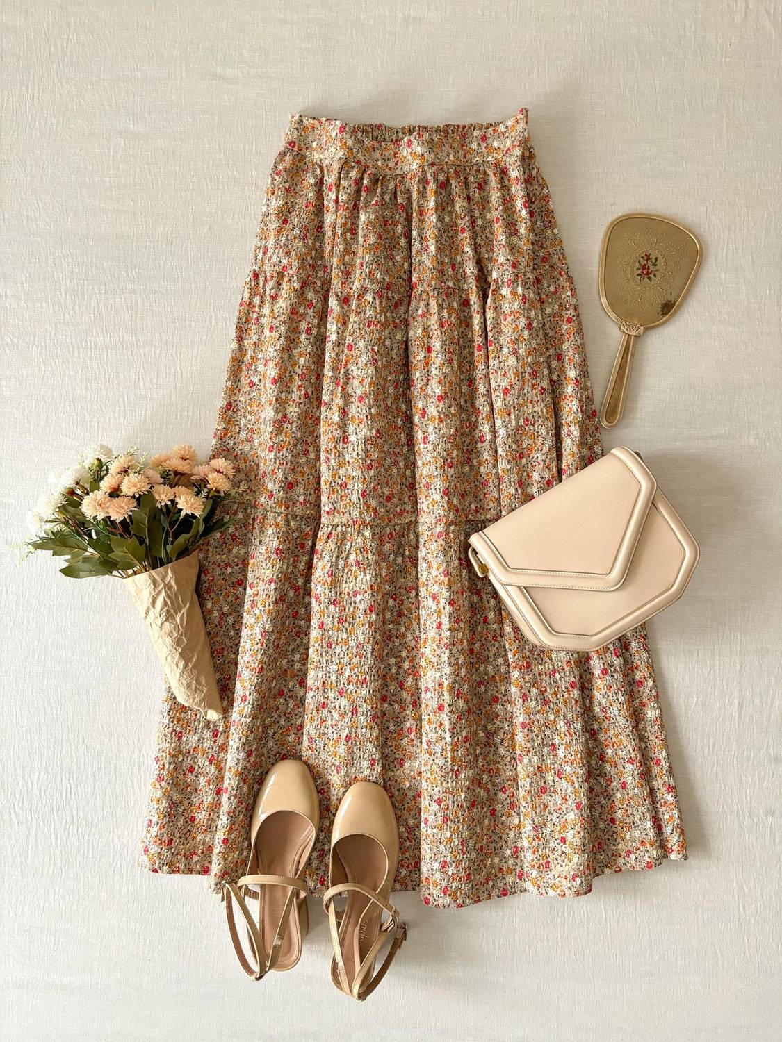 Cream Floral Layered Poplin Skirt