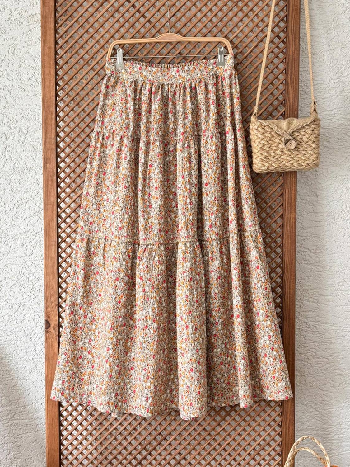 Krem Çiçekli Kat Kat Poplin Etek