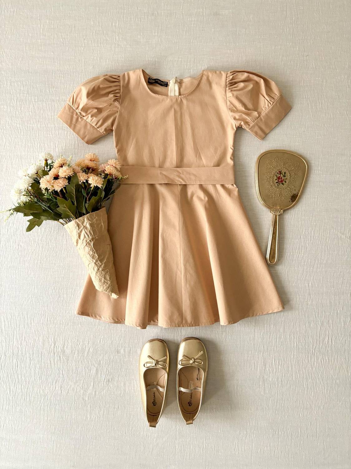 Krem Rengi Kız Çocuk Poplin Kloş Elbise