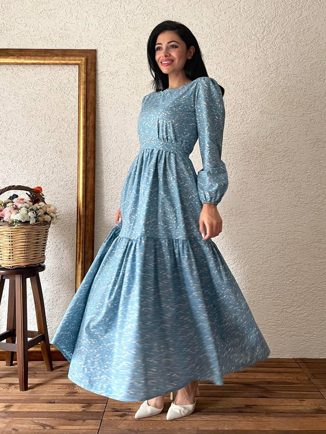 Uzun Mavi Çıtır  Poplin Kat Kat Elbise