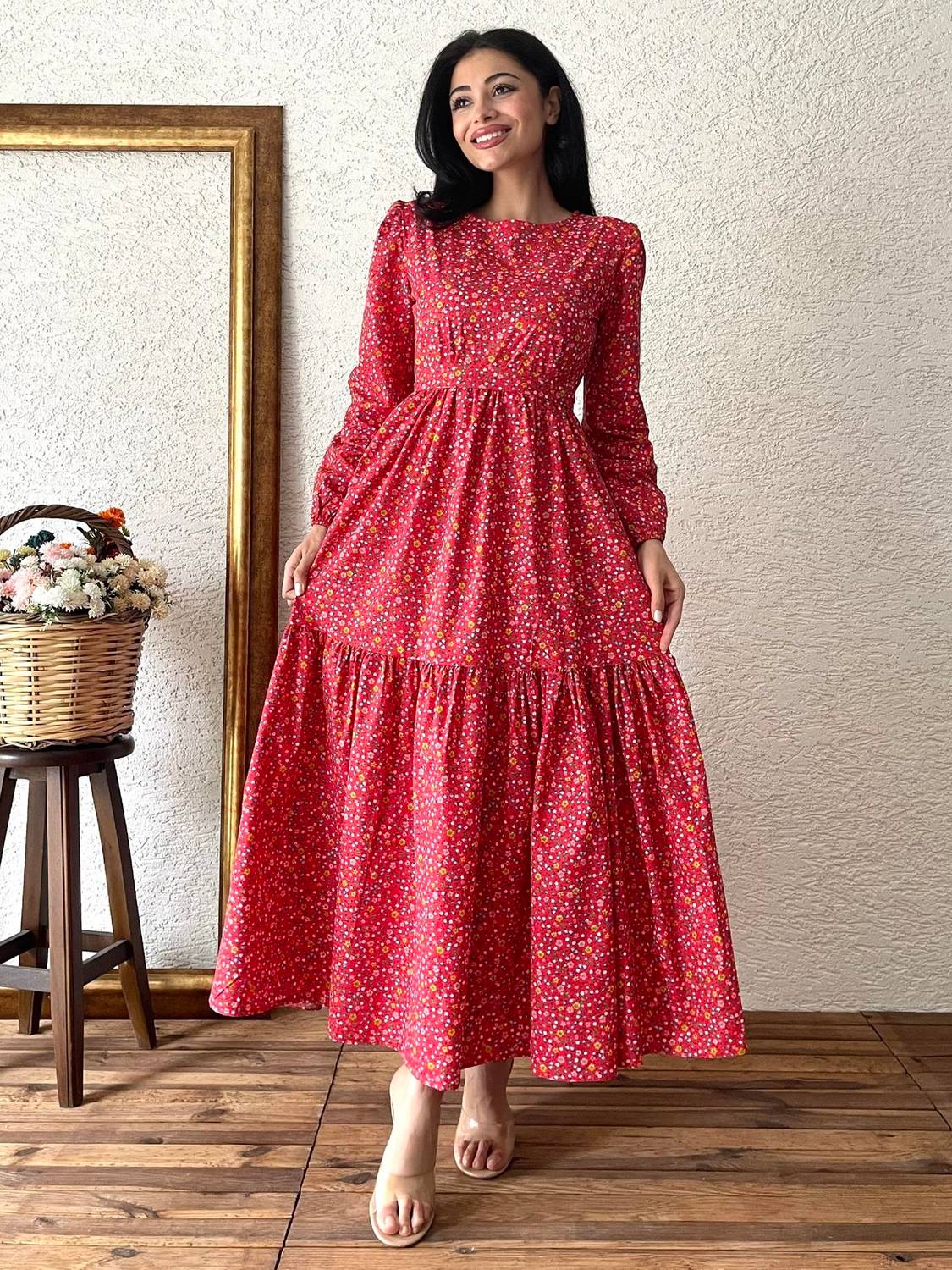 Red Floral Layered Cotton Dress in Sizes S to 3XL, Breathable, Comfortable, 135cm Length, Stylish with Matching Belt