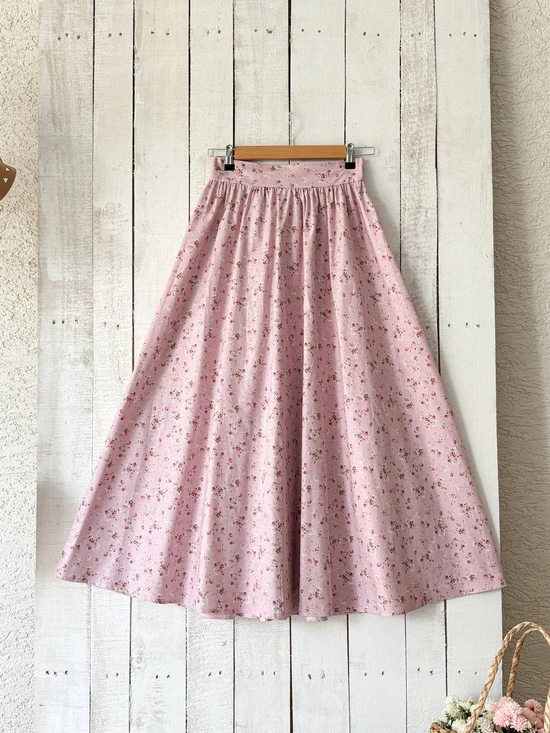 Pembe Çiçekli Kloş Poplin Etek