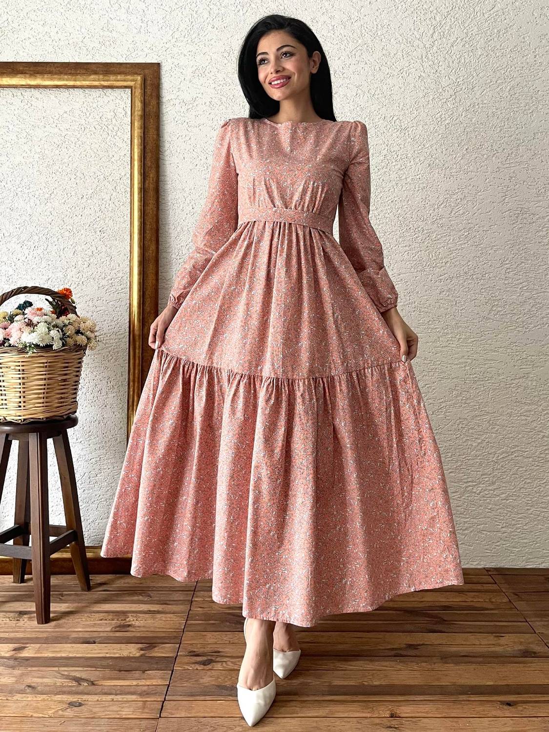 Long Orange Crinkled Poplin Tiered Dress - 100% Cotton, Breathable, Comfortable, 135cm Length, Available in Sizes S-3XL