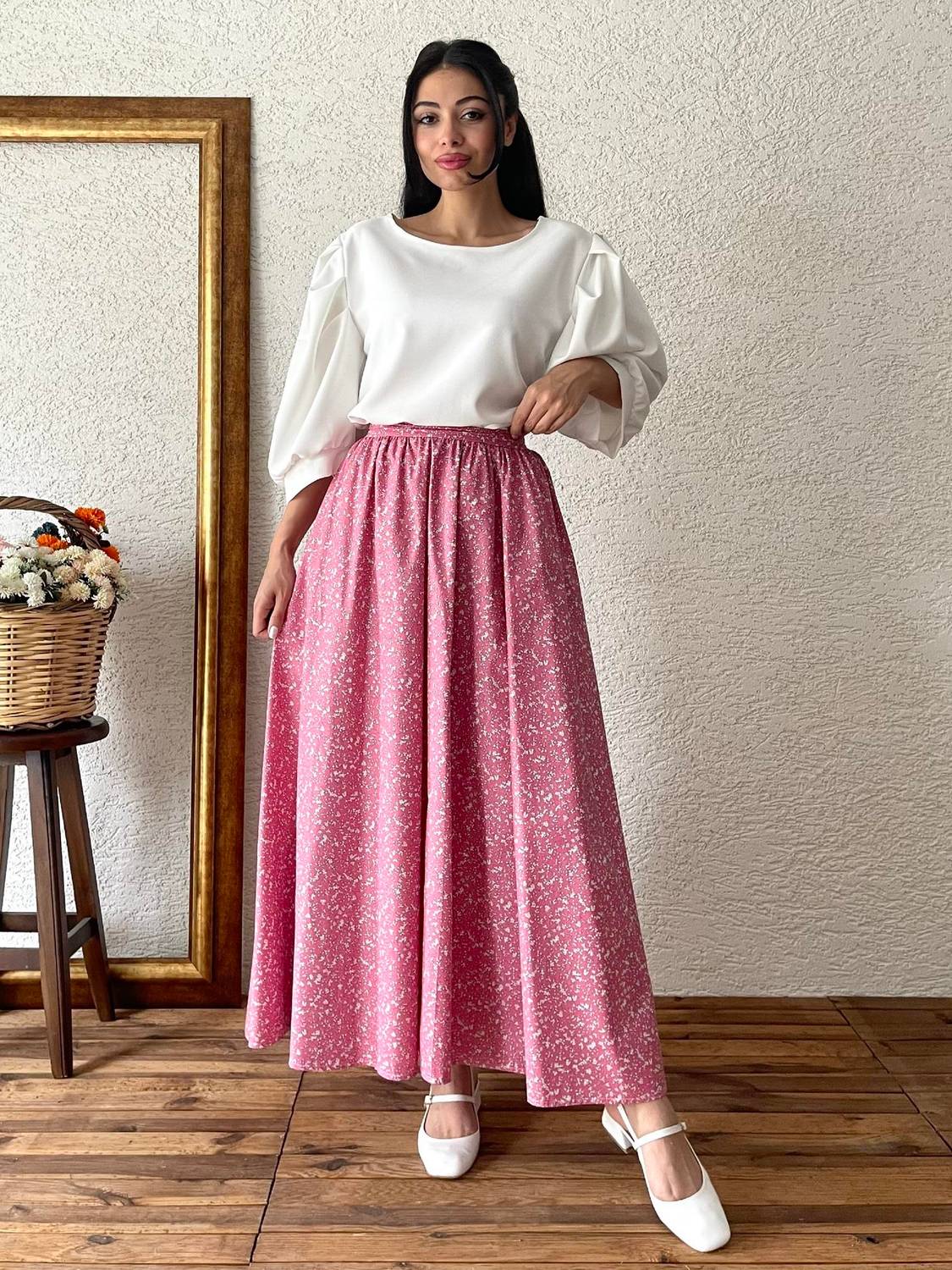 Pembe Çıtır Poplin Kloş Etek