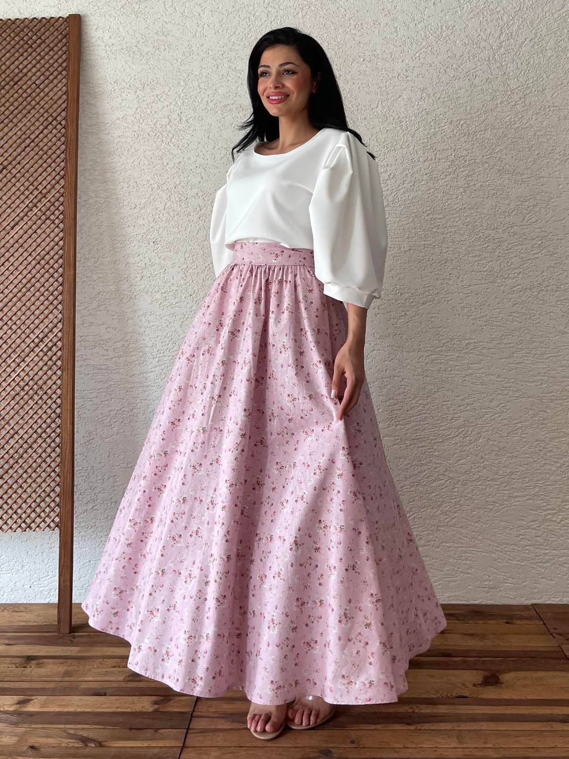 Pembe-Bordo Çiçekli Kloş Poplin Etek