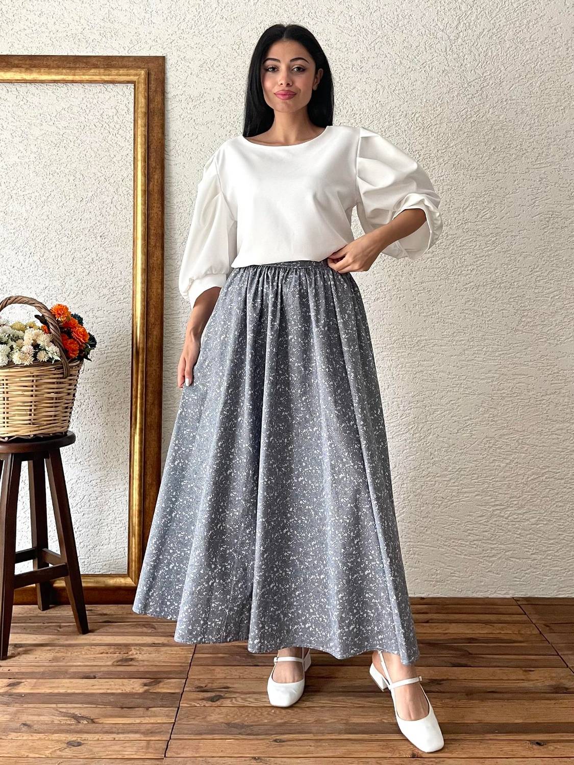 Gri Çıtır Poplin Kloş Etek