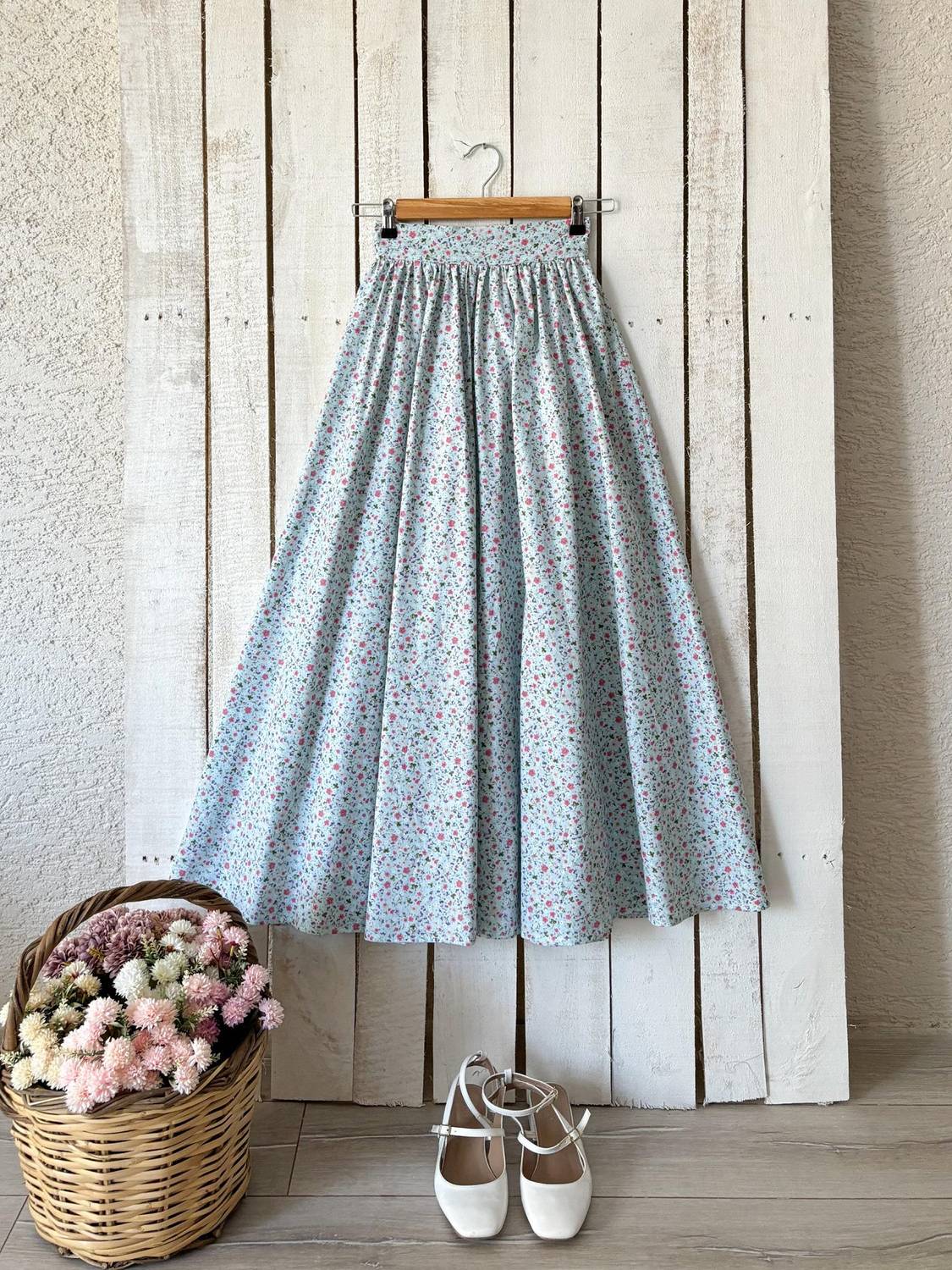 Turkuaz Pembe Küçük Çiçekli Poplin Etek 