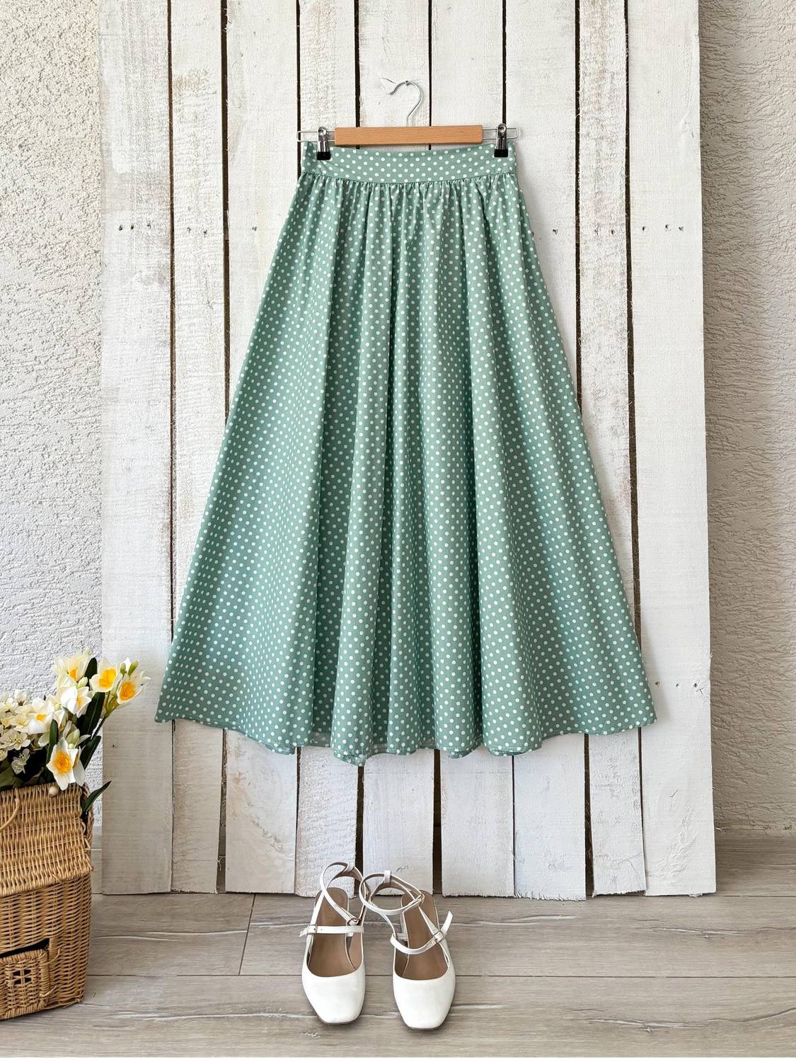Yeşil Puantiyeli Poplin Etek