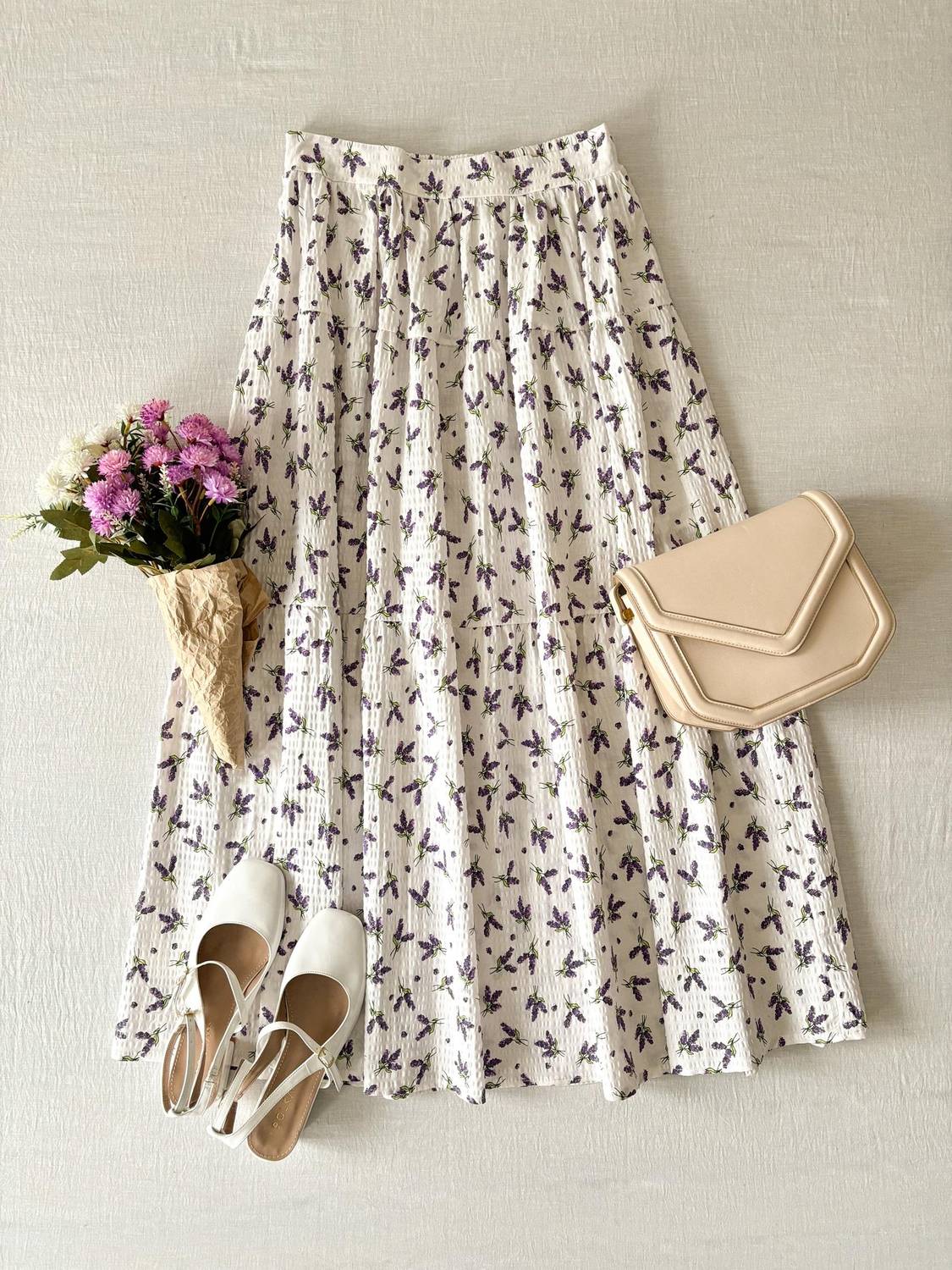 White-Purple Lavender Floral Layered Seersucker Skirt