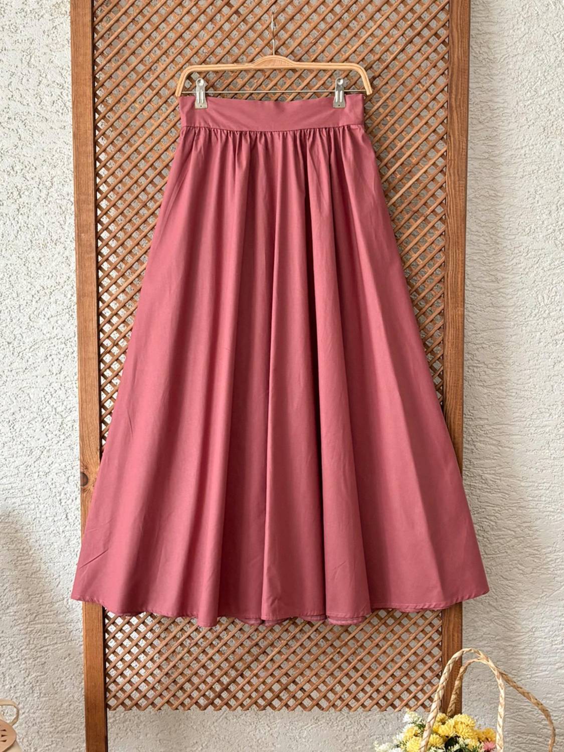 Dusty Rose Flared Gathered Poplin Skirt