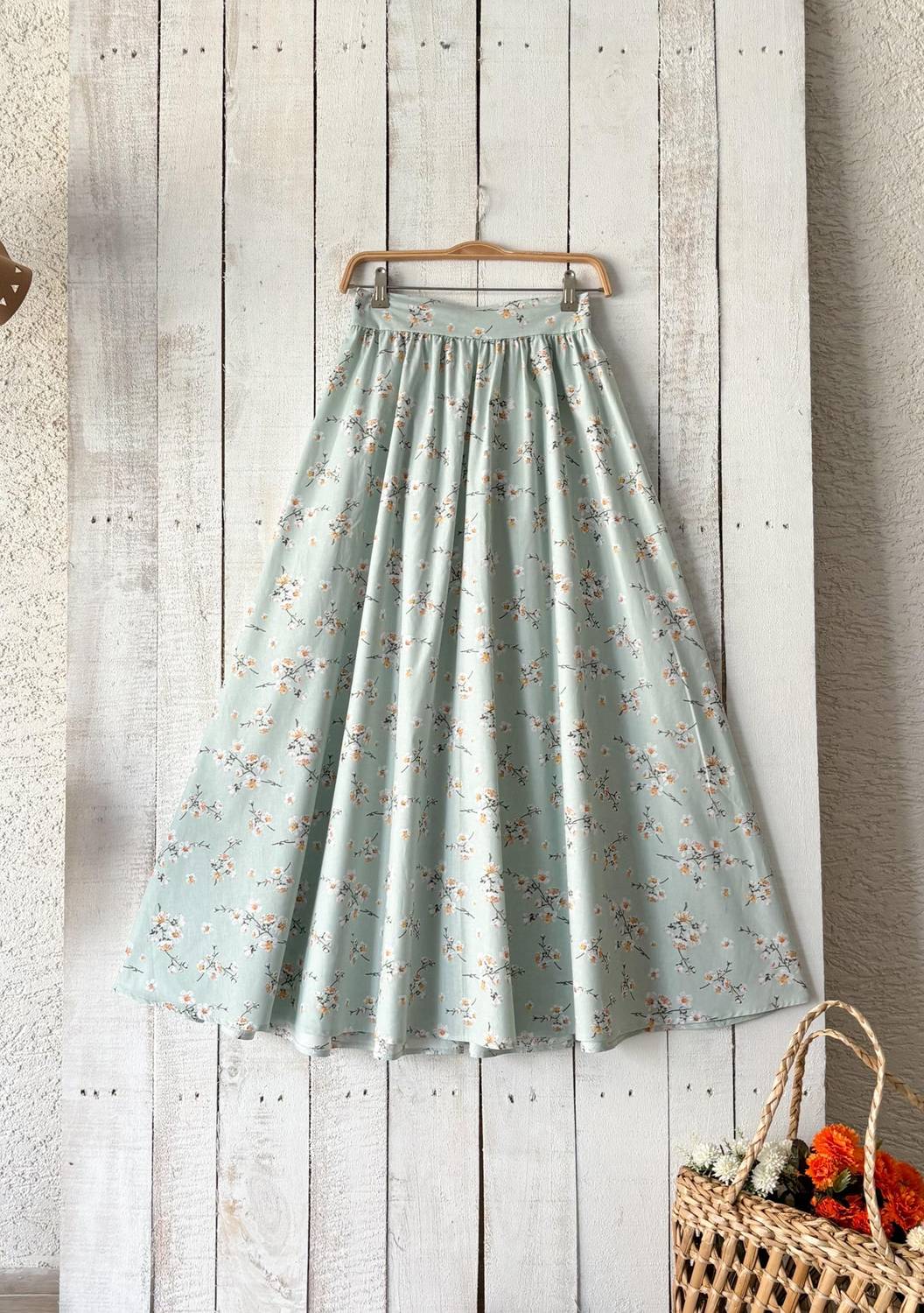 Su Yeşili Bahardalı Kloş Poplin Etek