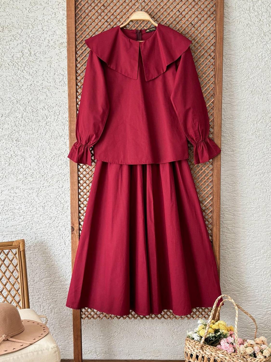 Burgundy Large Collar Poplin Blouse and Gathered Flared Skirt Set