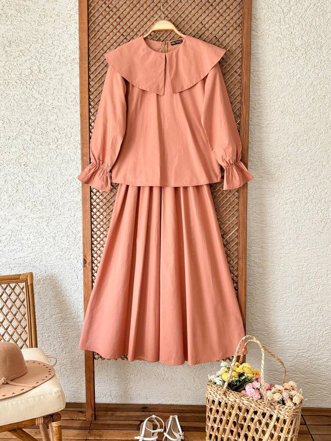 Salmon Large Collar Poplin Blouse and Gathered Flared Skirt Set