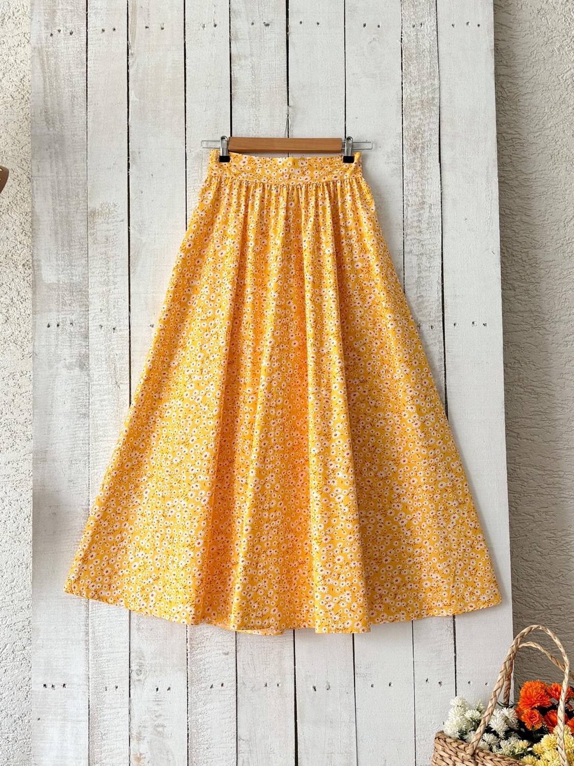 Sarı Papatya Kloş Poplin Etek